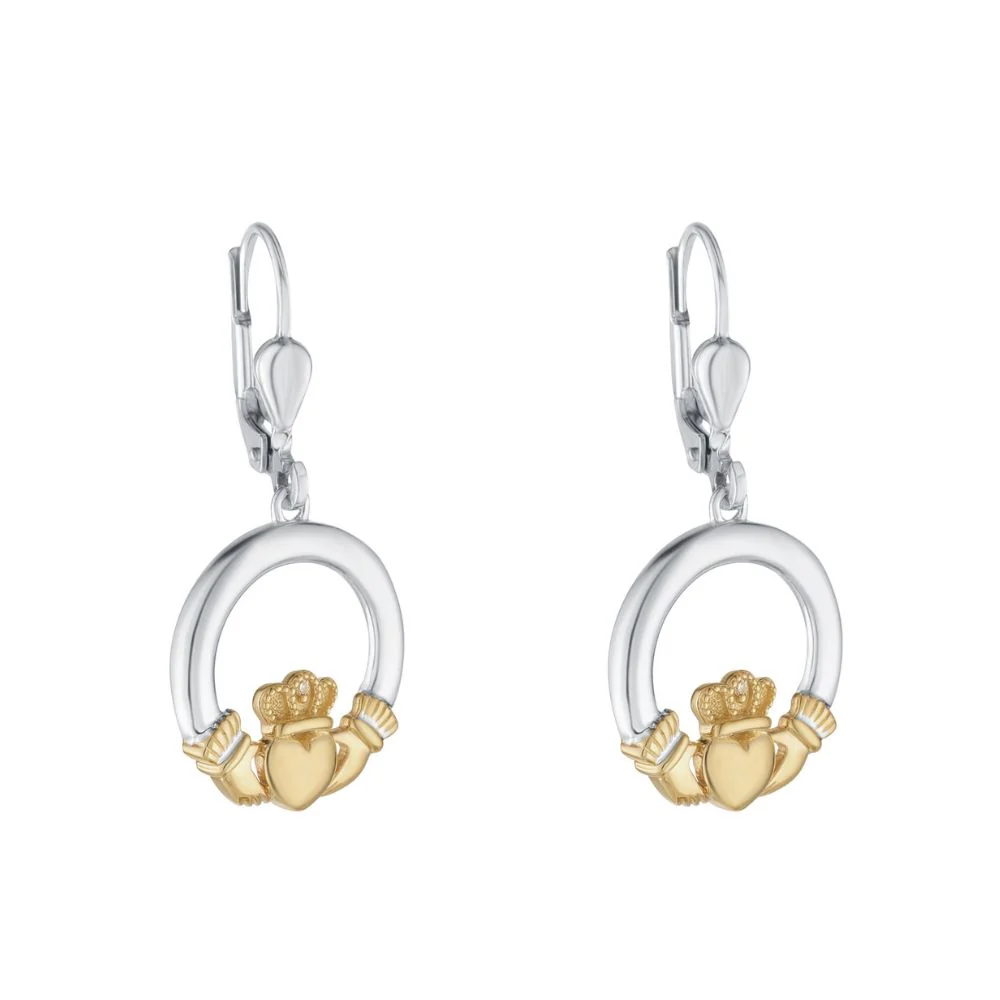10K Gold And Sterling Silver Diamond Claddagh Drop Earrings