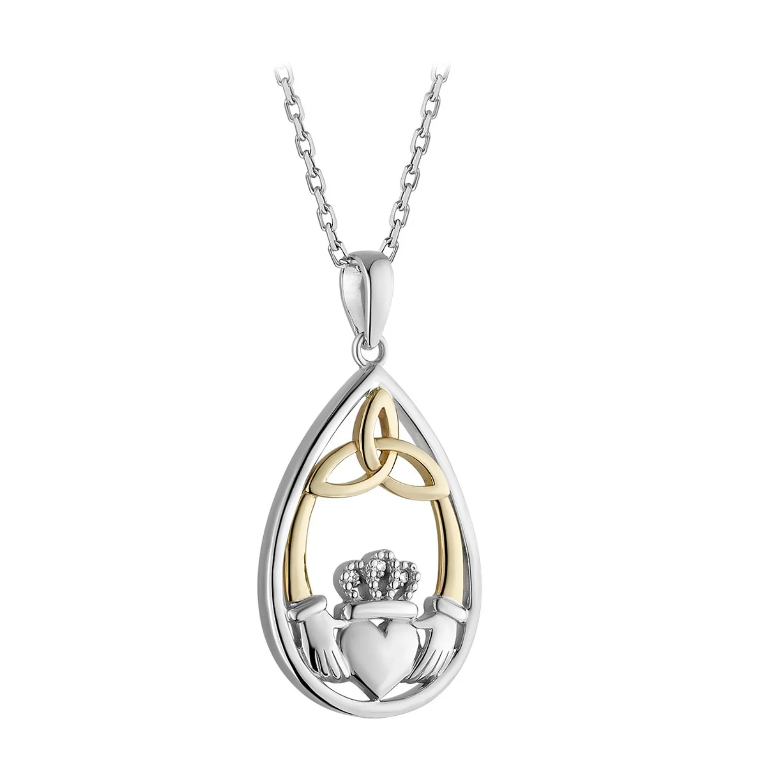 10K Gold & Silver Diamond Oval Claddagh Necklace