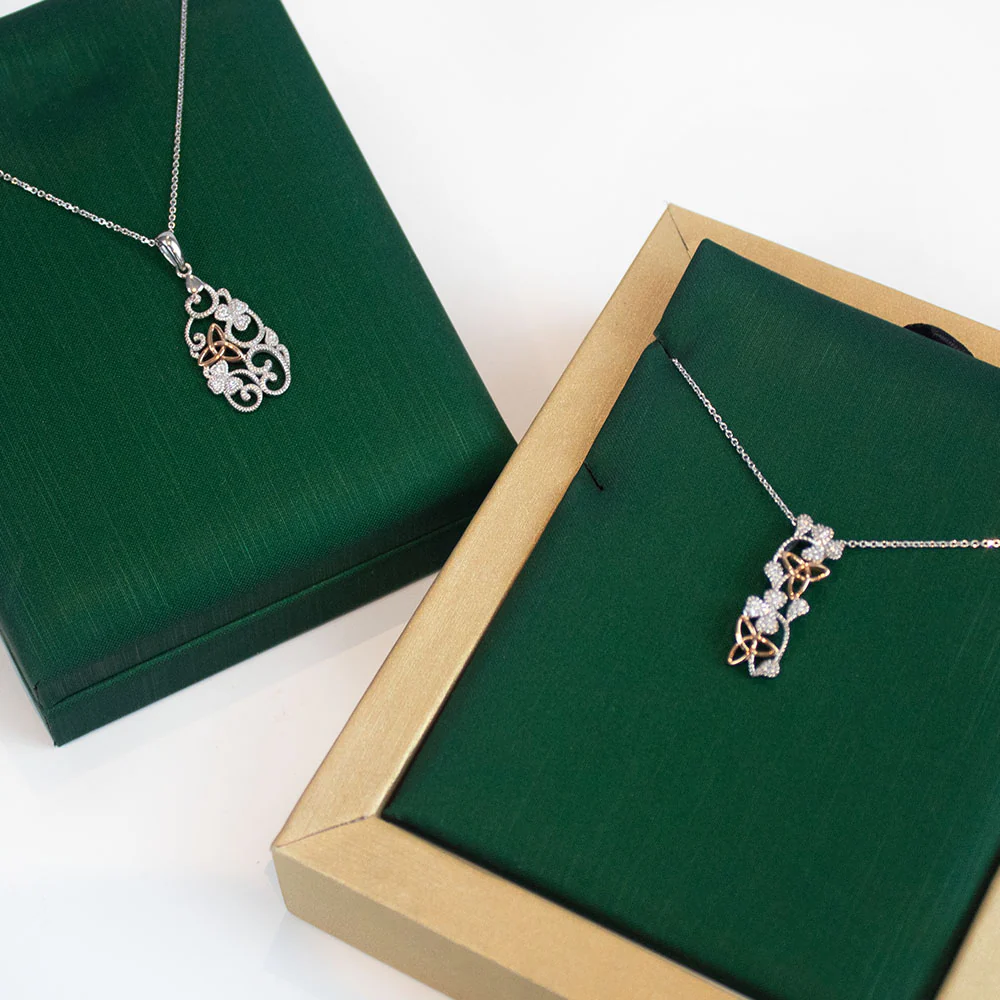 14K White and Rose Gold Diamond Shamrock & Trinity Knot Tear Drop Pendant - Image 3