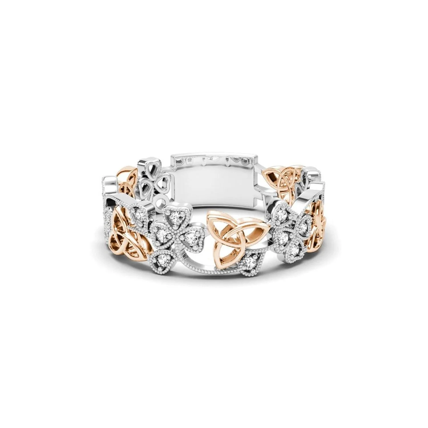 14K White and Rose Gold Diamond Shamrock & Trinity Knot Ring