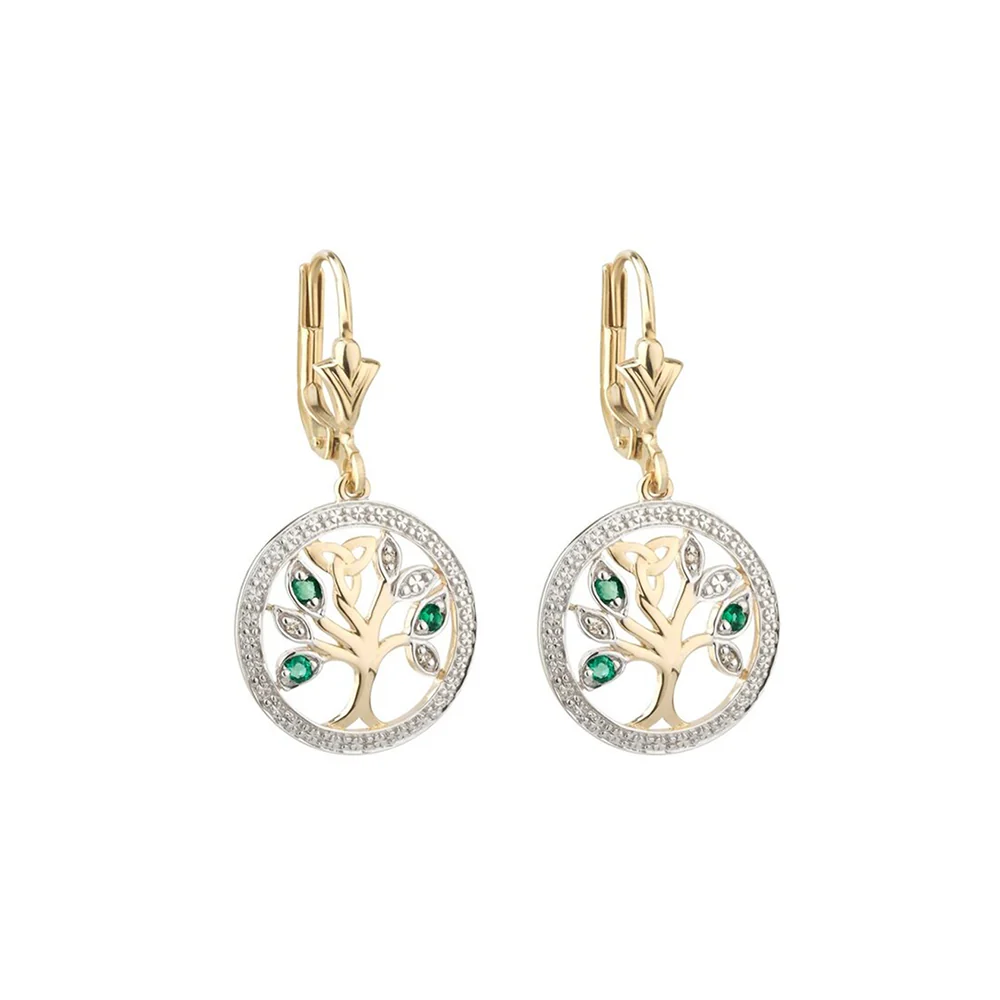 14K Yellow Gold Diamond & Emerald Tree Of Life Drop Earrings