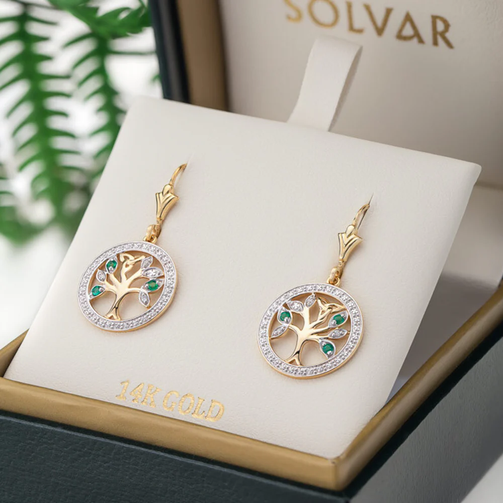 14K Yellow Gold Diamond & Emerald Tree Of Life Drop Earrings - Image 2