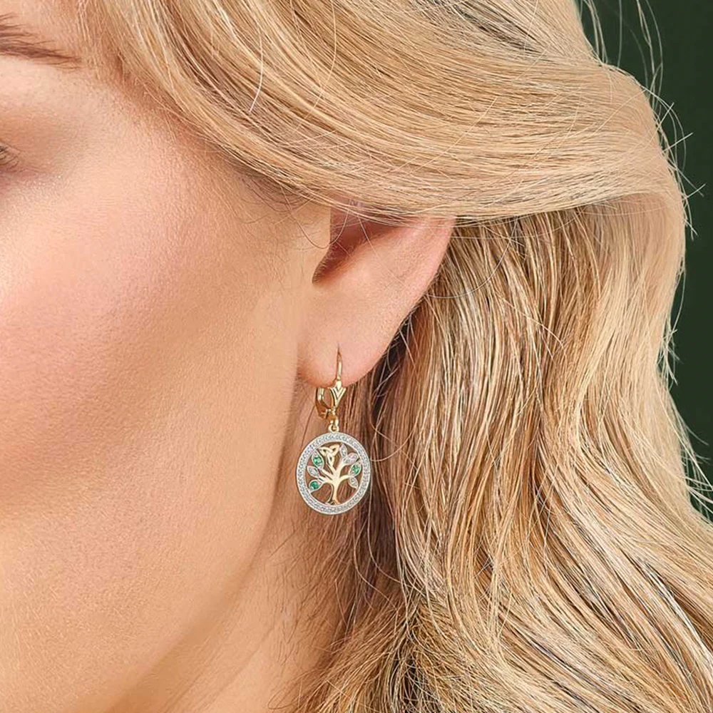 14K Yellow Gold Diamond & Emerald Tree Of Life Drop Earrings - Image 3