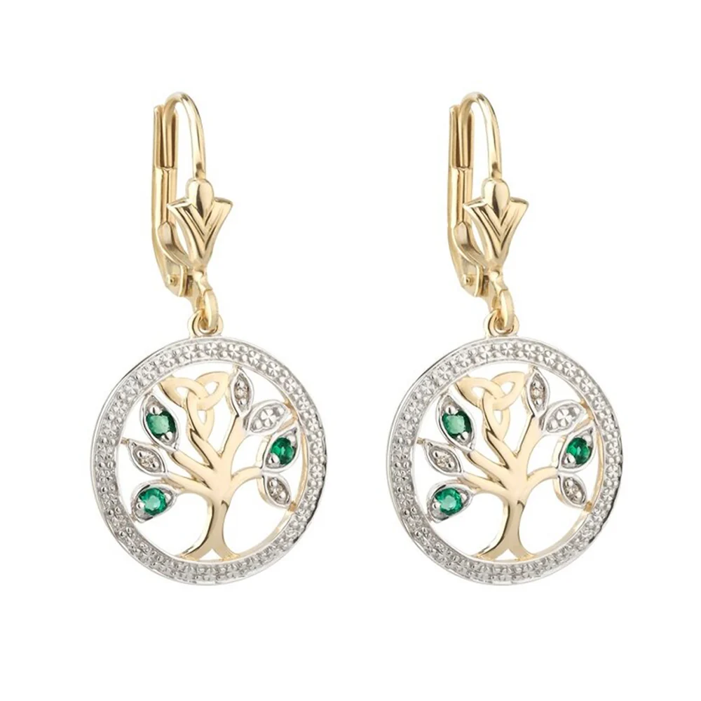 14K Yellow Gold Diamond & Emerald Tree Of Life Drop Earrings - Image 4