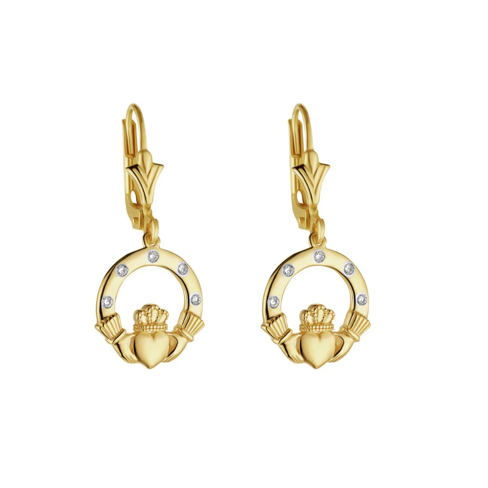 14K Gold Diamond Detail Claddagh Drop Earrings