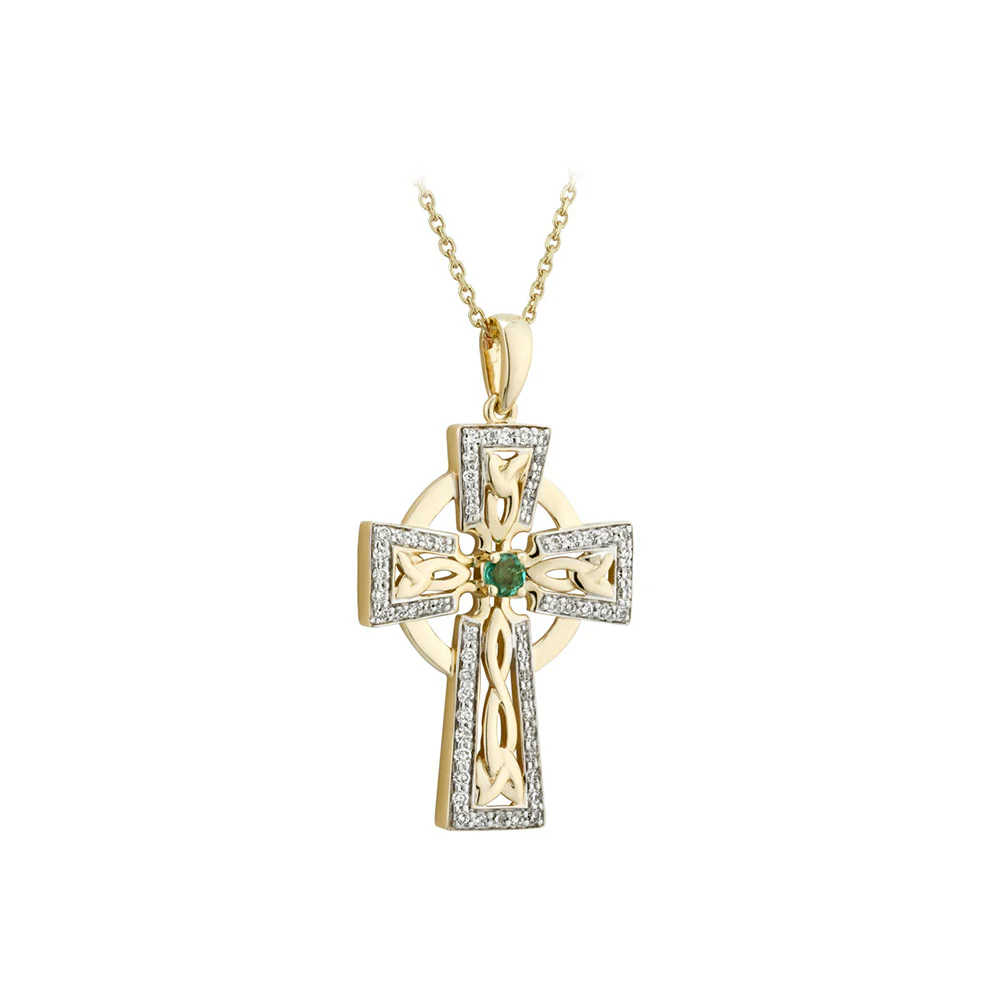 14K Gold Diamond & Emerald Large Celtic Cross Pendant