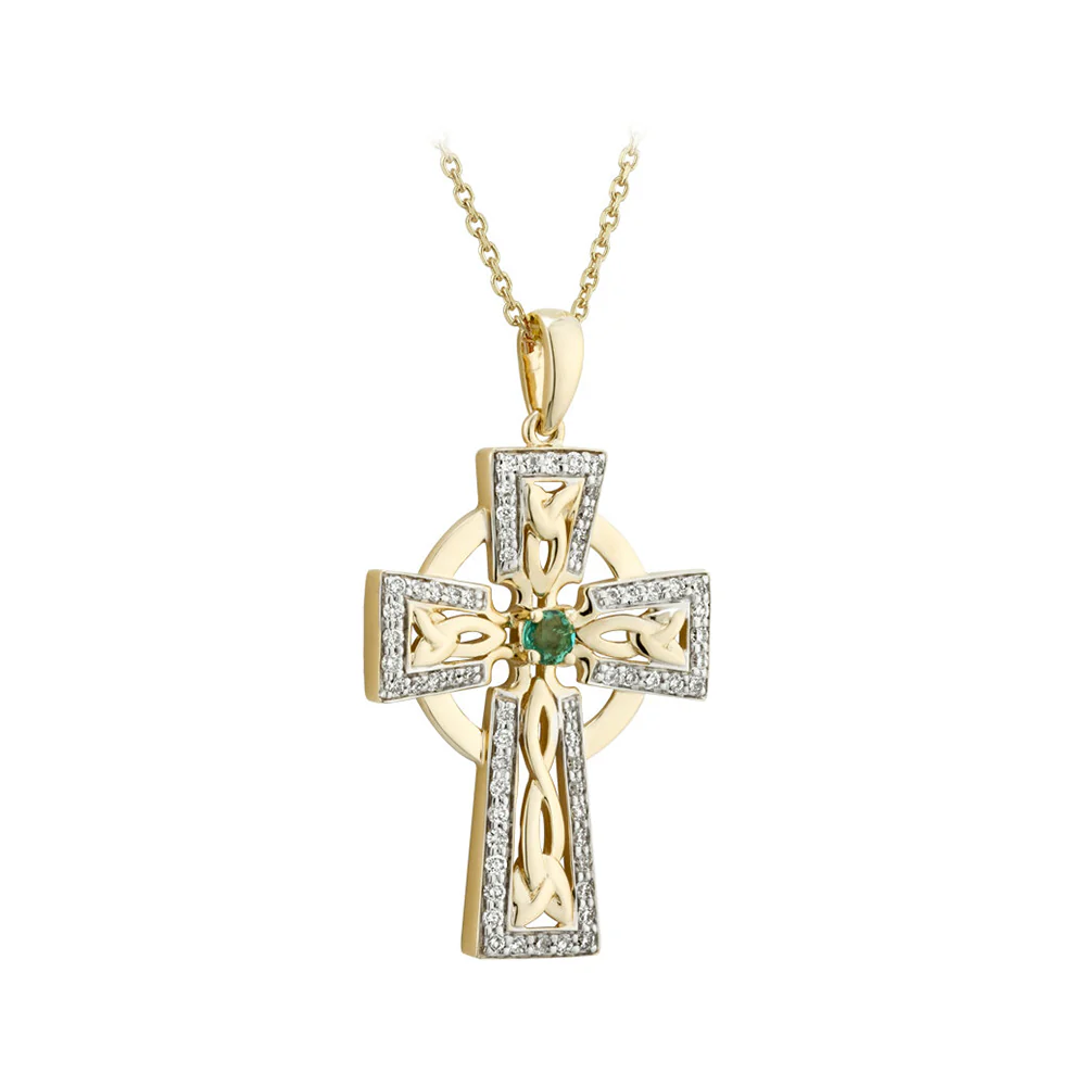 14K Gold Diamond & Emerald Large Celtic Cross Pendant - Image 2