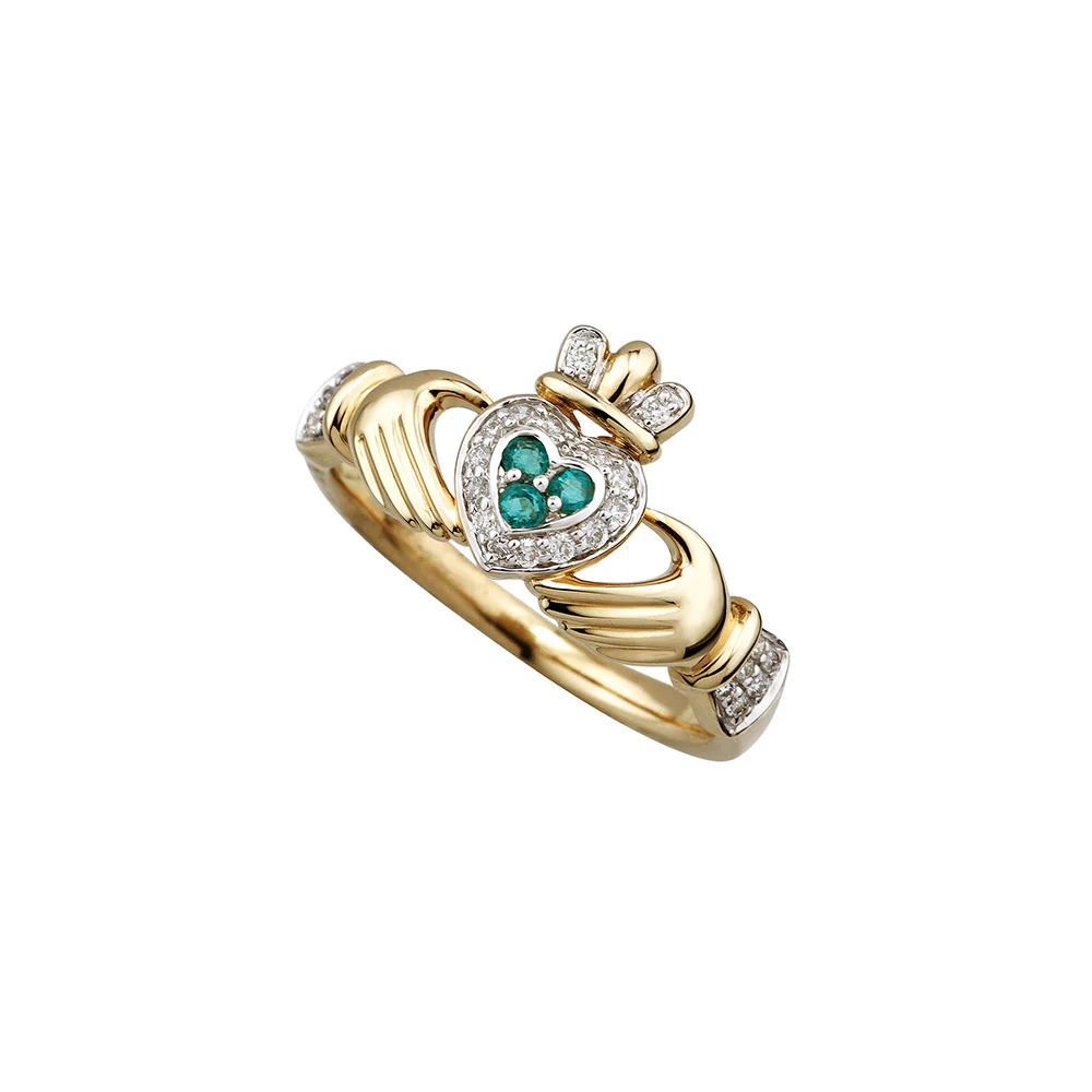 14K Gold Diamond & Emerald Set Claddagh Ring - Image 2