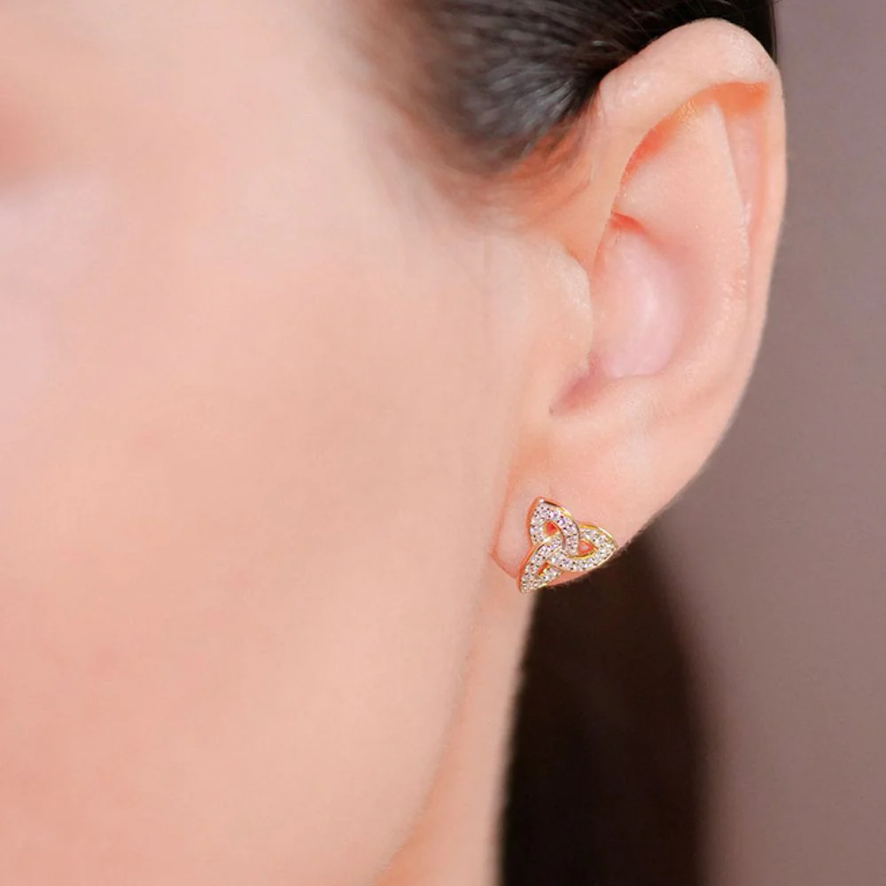 14K Gold Vermeil CZ Encrusted Trinity Knot Earrings - Image 2