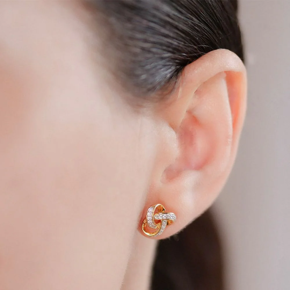 14K Gold Vermeil CZ Entwined Trinity Knot Stud Earrings - Image 2