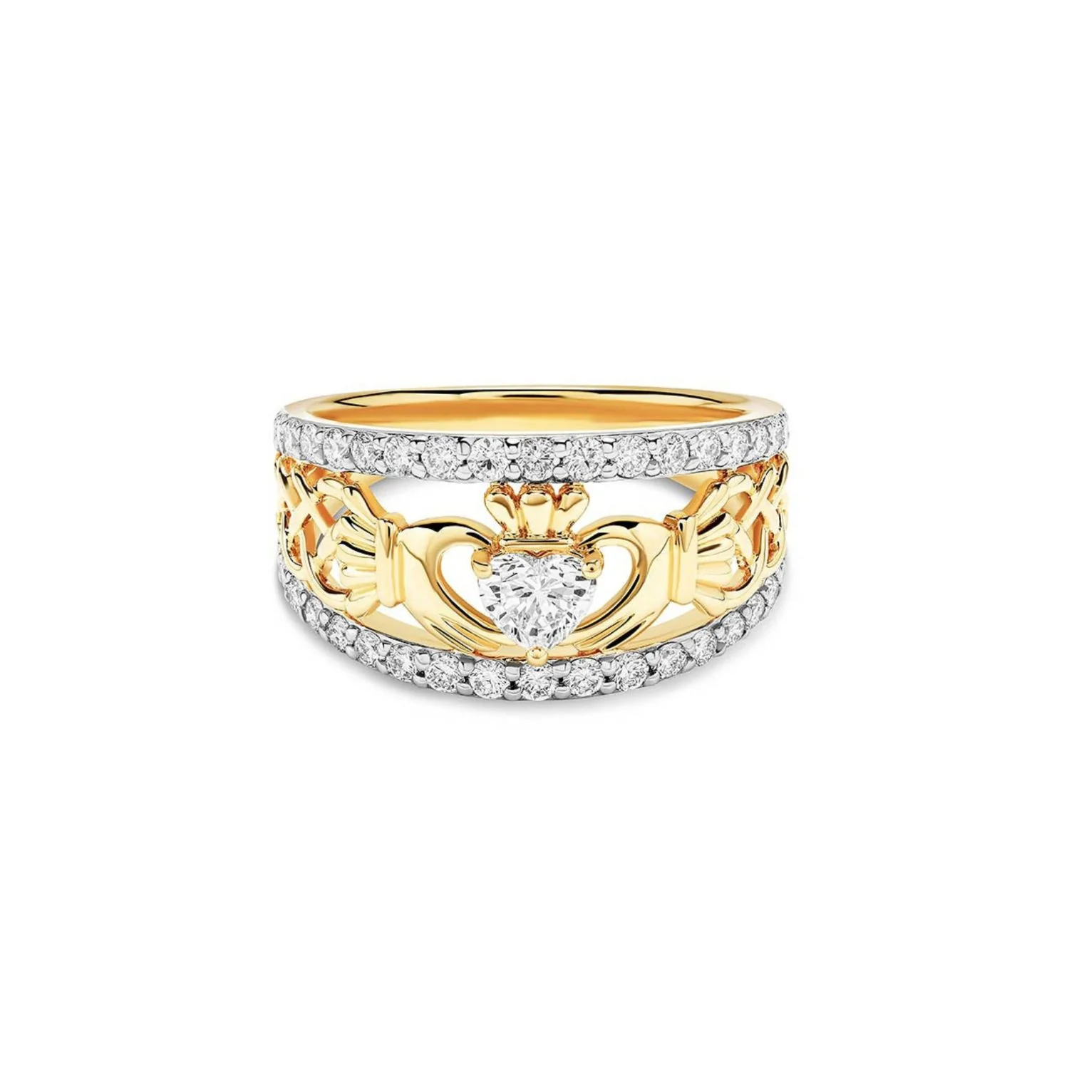 14K Lab Diamond 3 Band Claddagh Ring