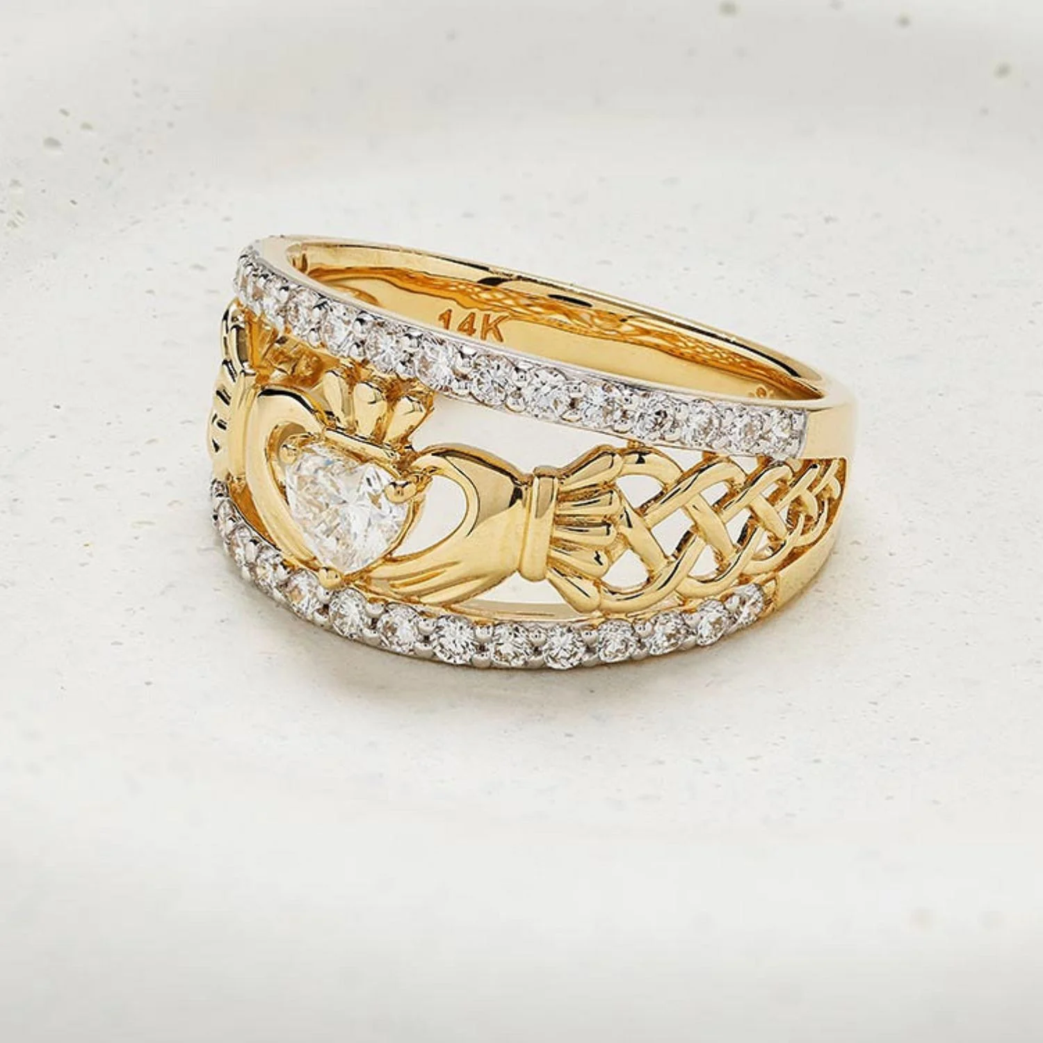 14K Lab Diamond 3 Band Claddagh Ring - Image 3
