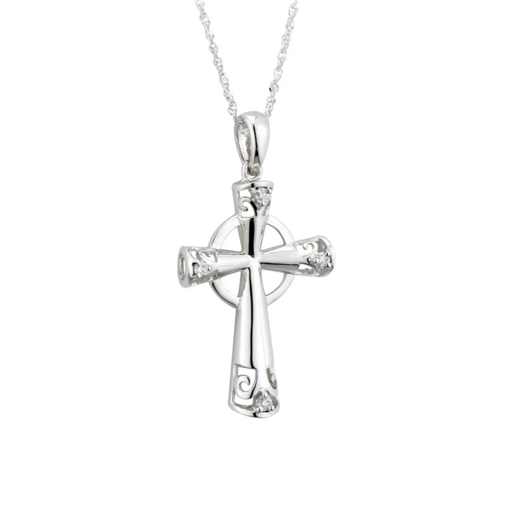 14K White Gold Diamond Celtic Cross Necklace
