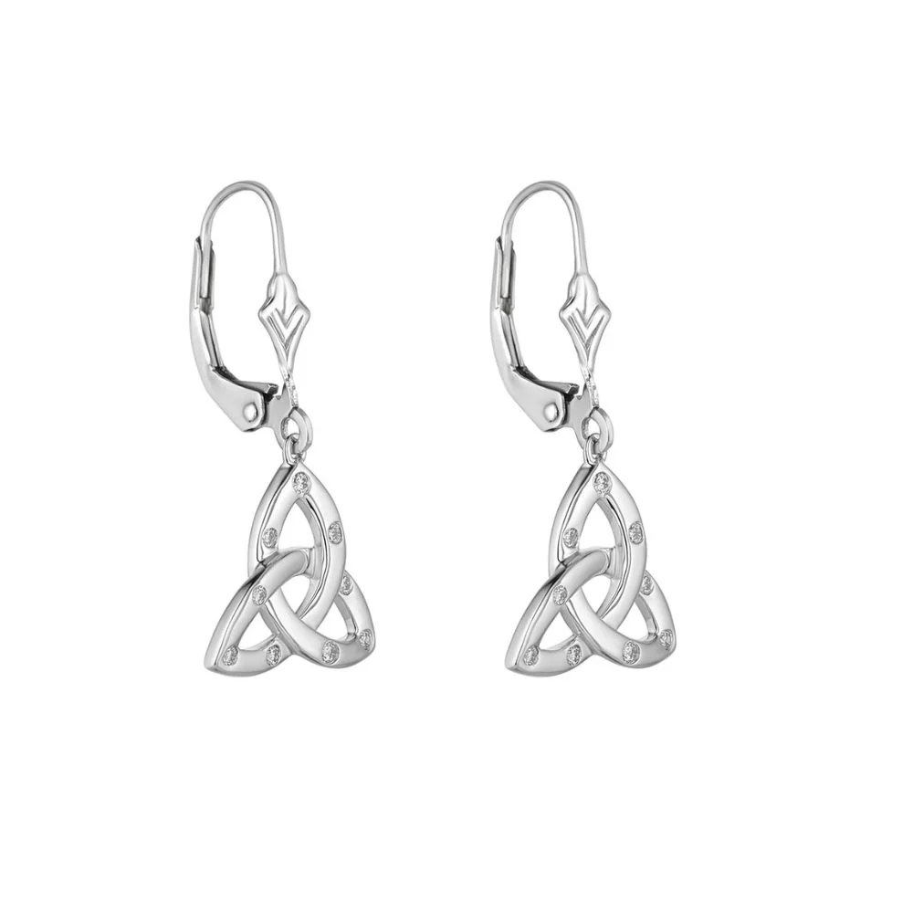 14K White Gold Inlaid Diamond Trinity Knot Drop Earrings