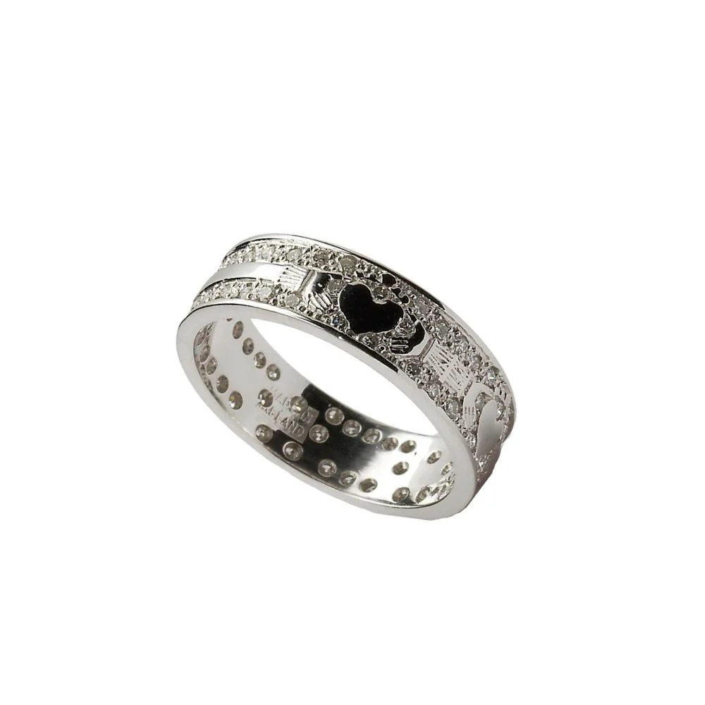 14K White Gold Pave Diamond Claddagh Ring
