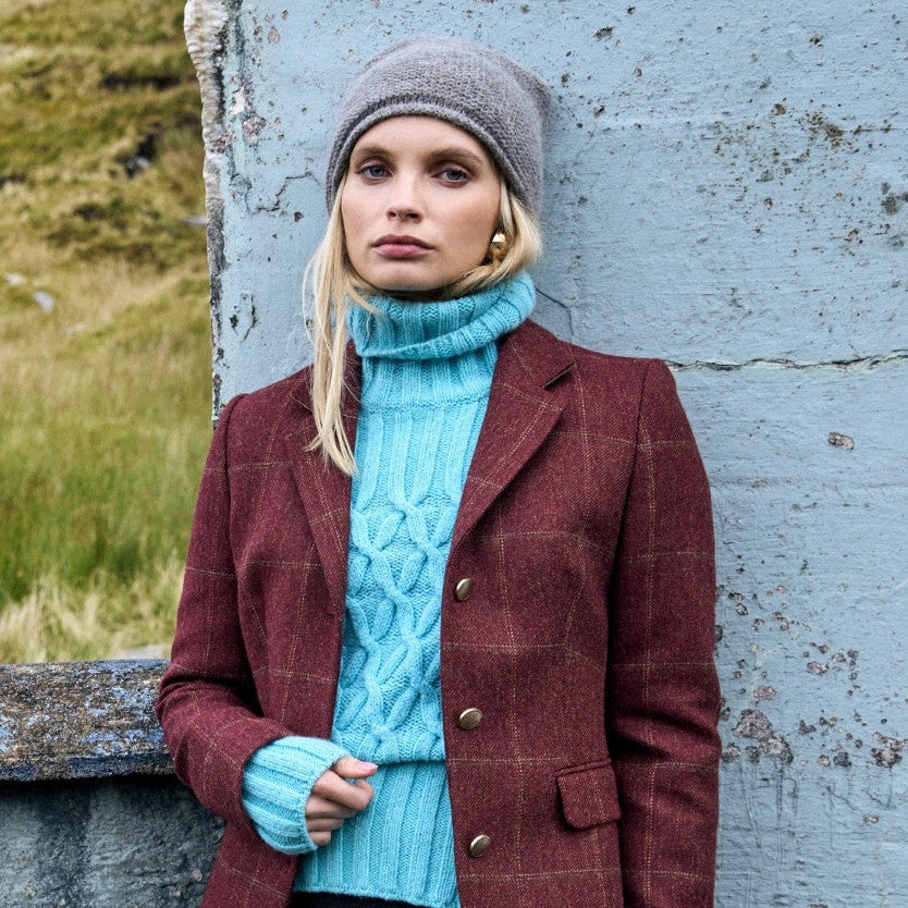 Aqua Cable & Ribbed Polo Neck Sweater