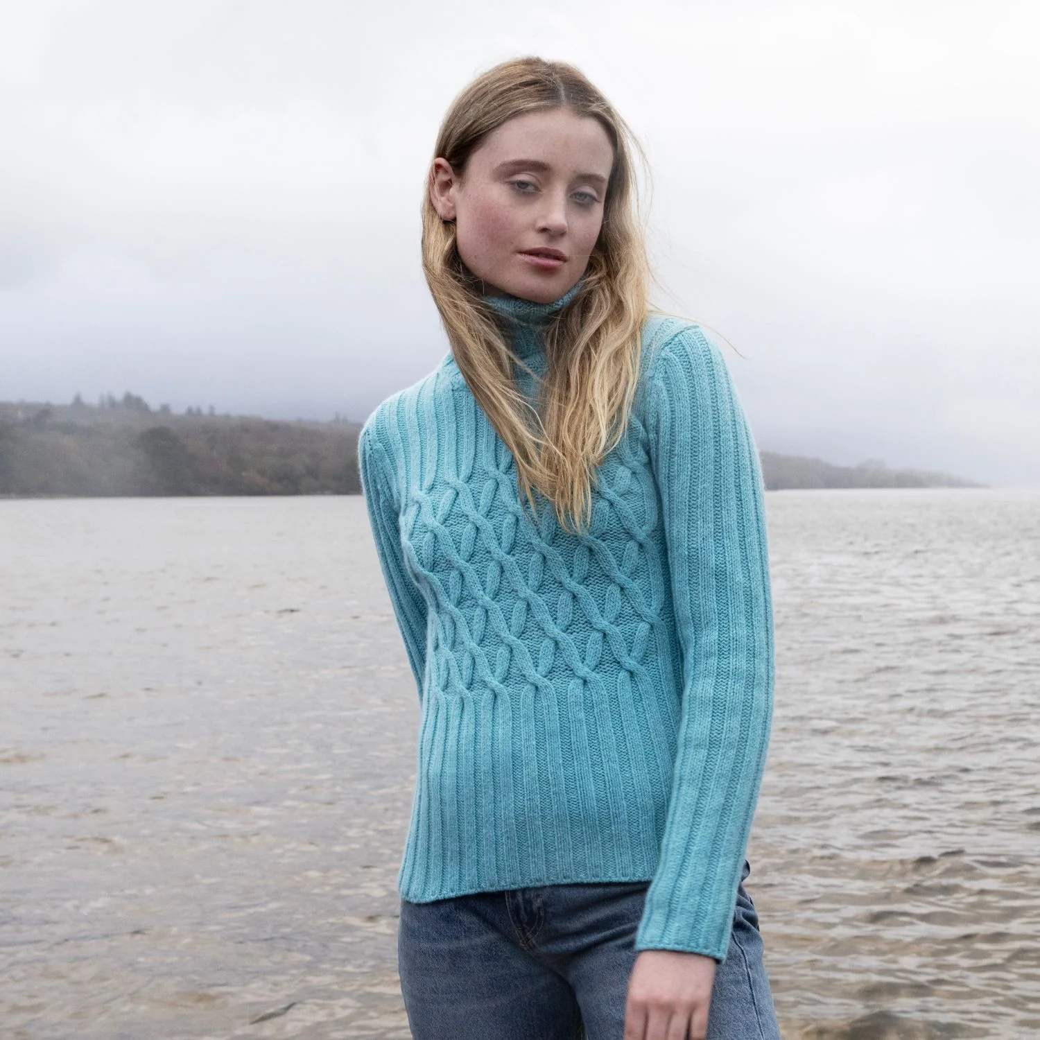 Aqua Cable & Ribbed Polo Neck Sweater - Image 4
