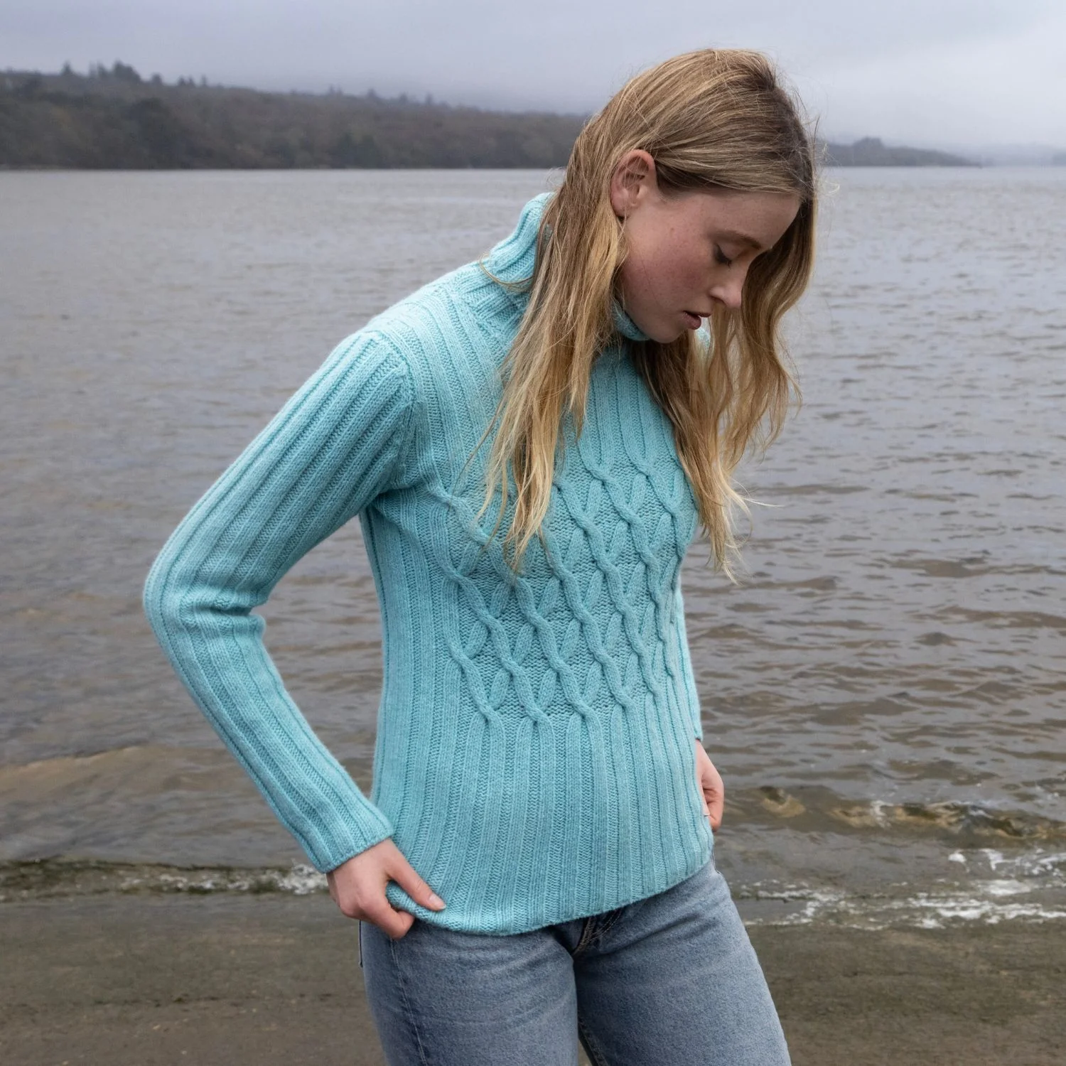Aqua Cable & Ribbed Polo Neck Sweater - Image 6