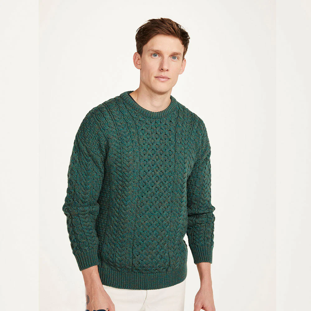 Army Green Unisex Crew Neck Aran Sweater - Image 4