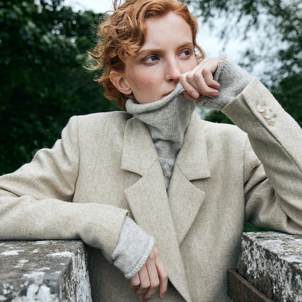 Beige Herringbone Colleen Oversized Wool Blazer Jacket - Image 5