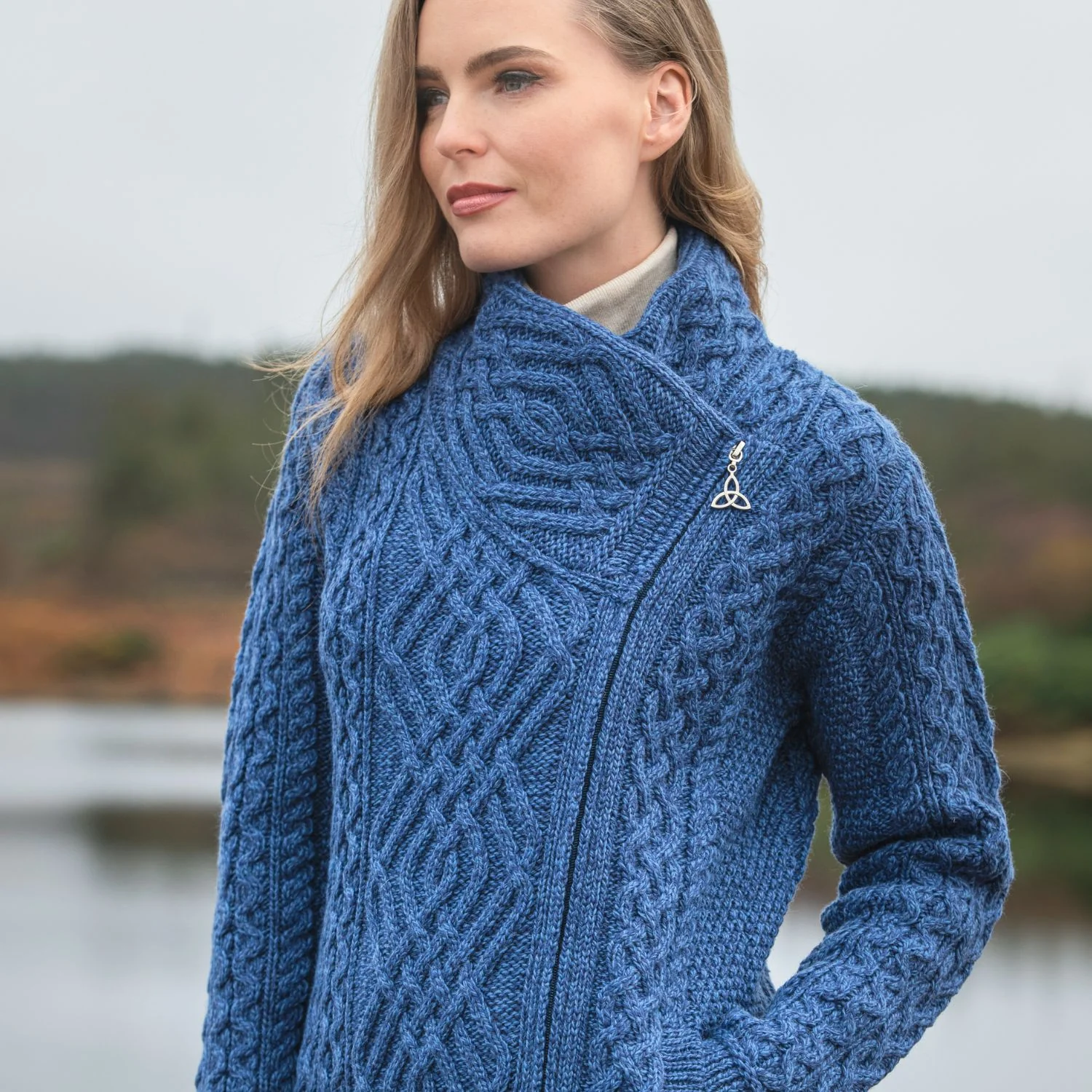 Blue Marl Trinity Knot Side Zip Cable Cardigan