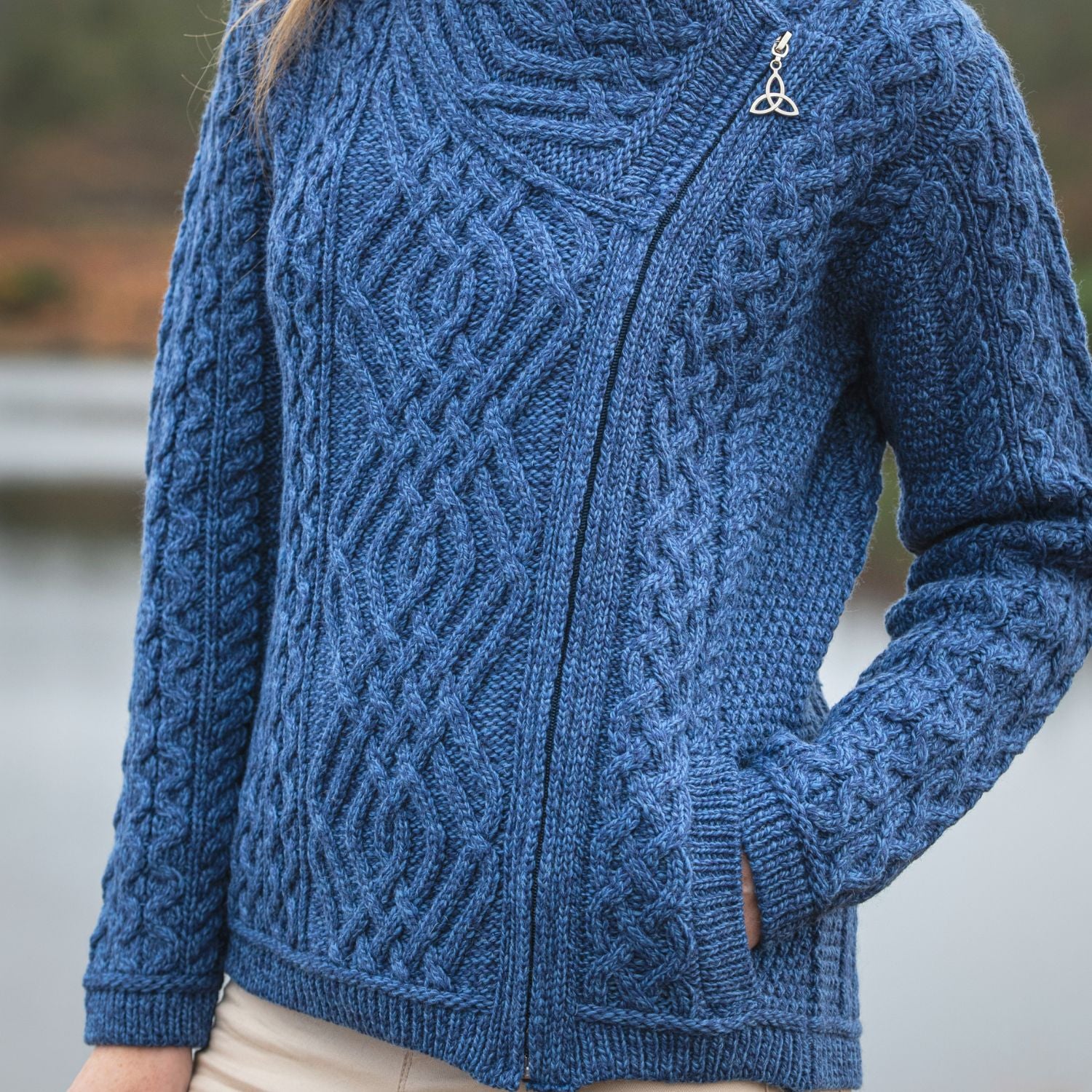 Blue Marl Trinity Knot Side Zip Cable Cardigan - Image 2