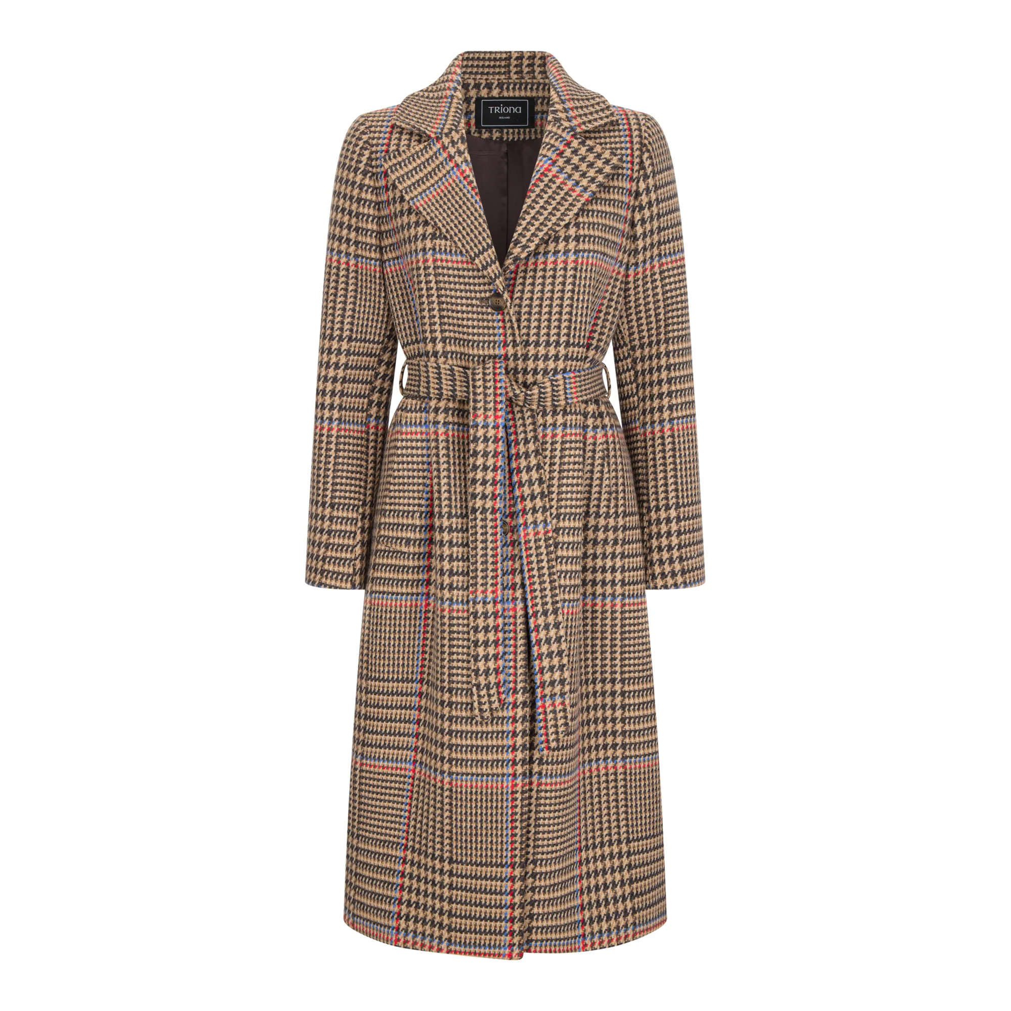 Brown & Red Houndstooth Merino and Cashmere Erin Belted Coat