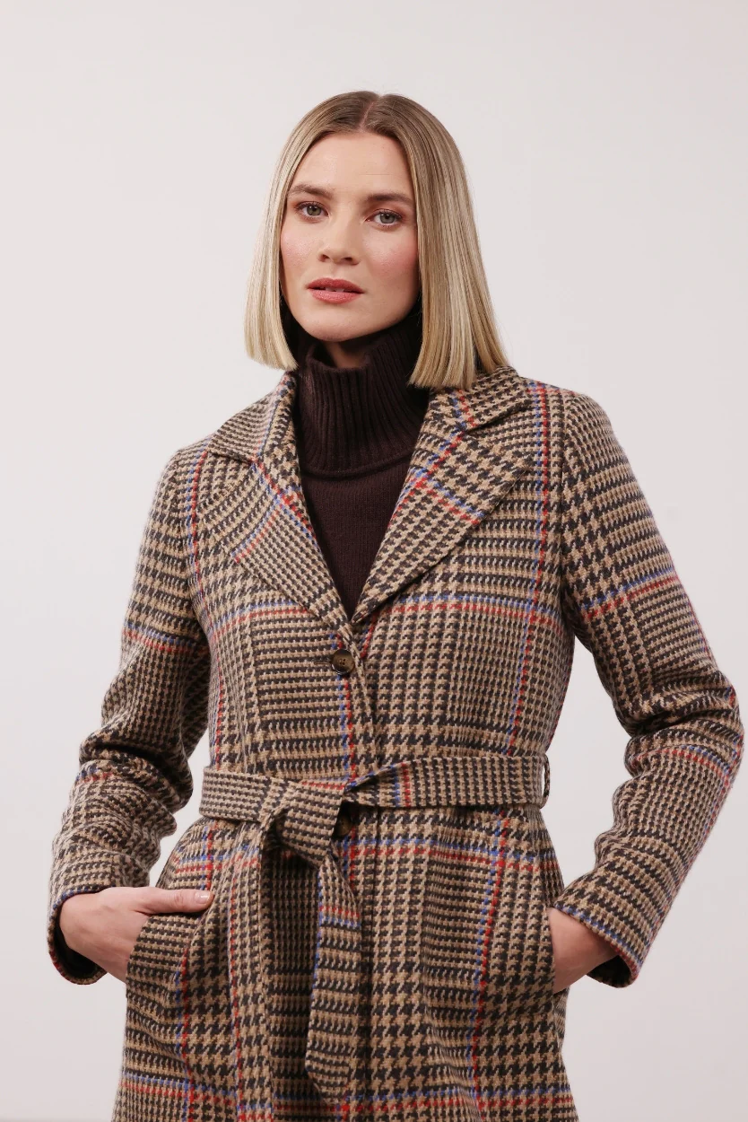Brown & Red Houndstooth Merino and Cashmere Erin Belted Coat - Image 2