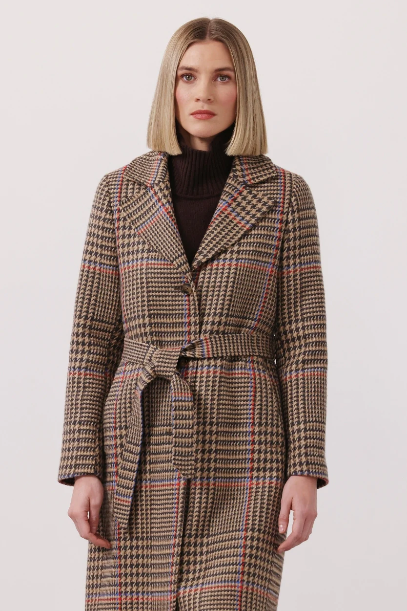 Brown & Red Houndstooth Merino and Cashmere Erin Belted Coat - Image 5