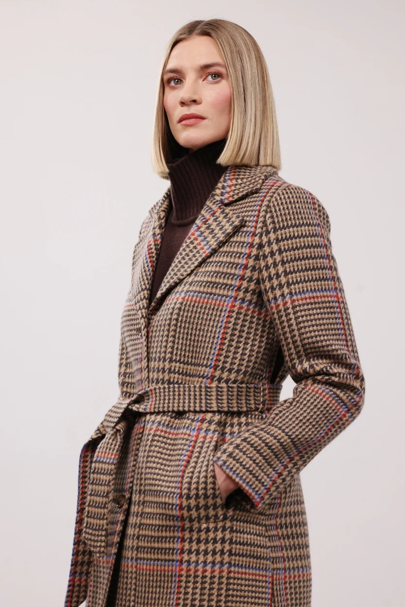 Brown & Red Houndstooth Merino and Cashmere Erin Belted Coat - Image 6