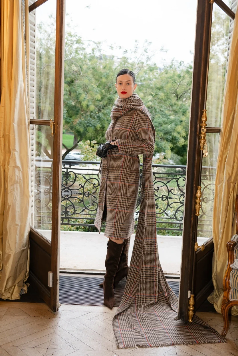 Brown & Red Houndstooth Merino and Cashmere Erin Belted Coat - Image 7