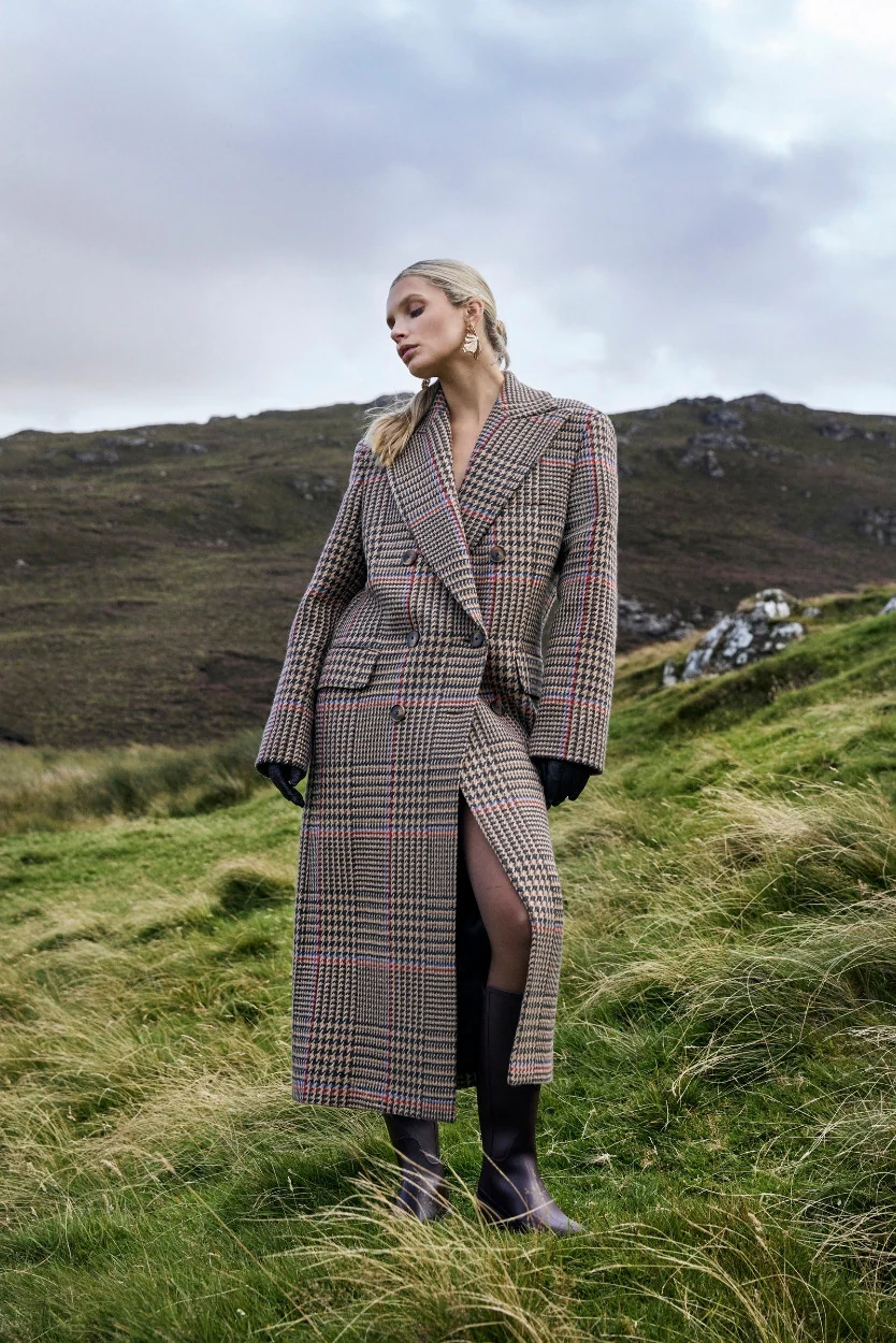 Brown & Red Houndstooth Merino and Cashmere Niamh Double Breasted Coat