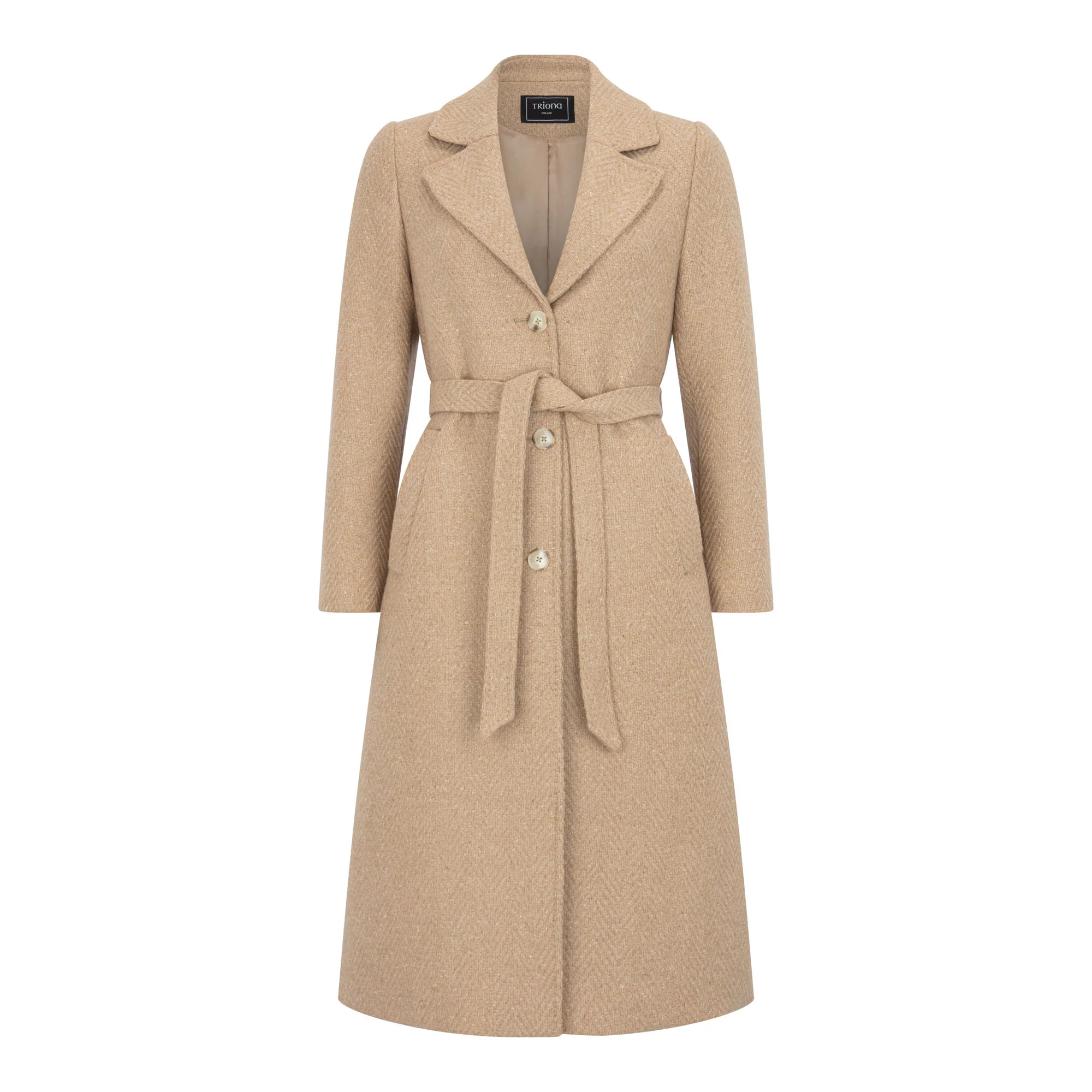 Camel Herringbone Erin Cashmere Blend Belted Coat - Image 3