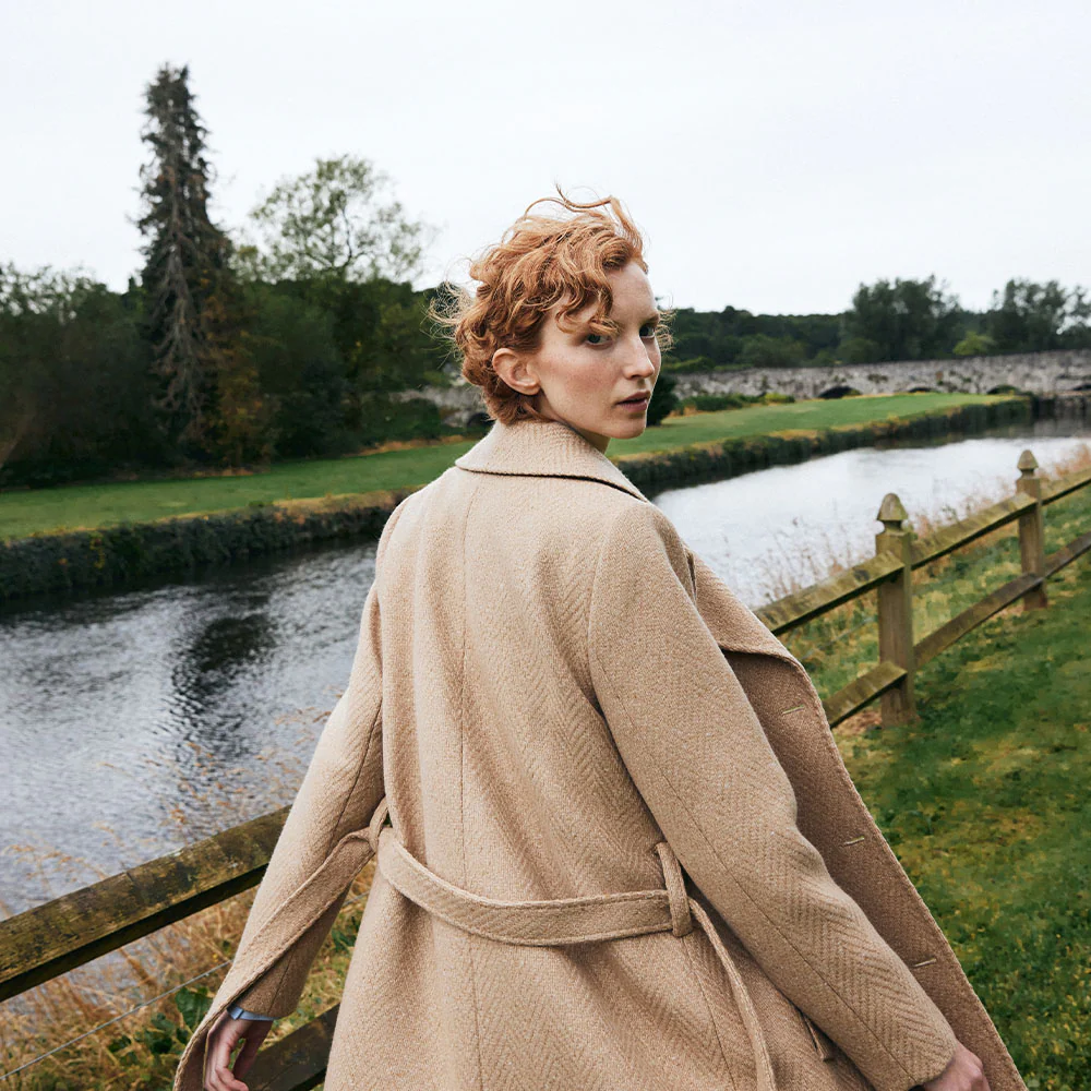 Camel Herringbone Erin Cashmere Blend Belted Coat - Image 6