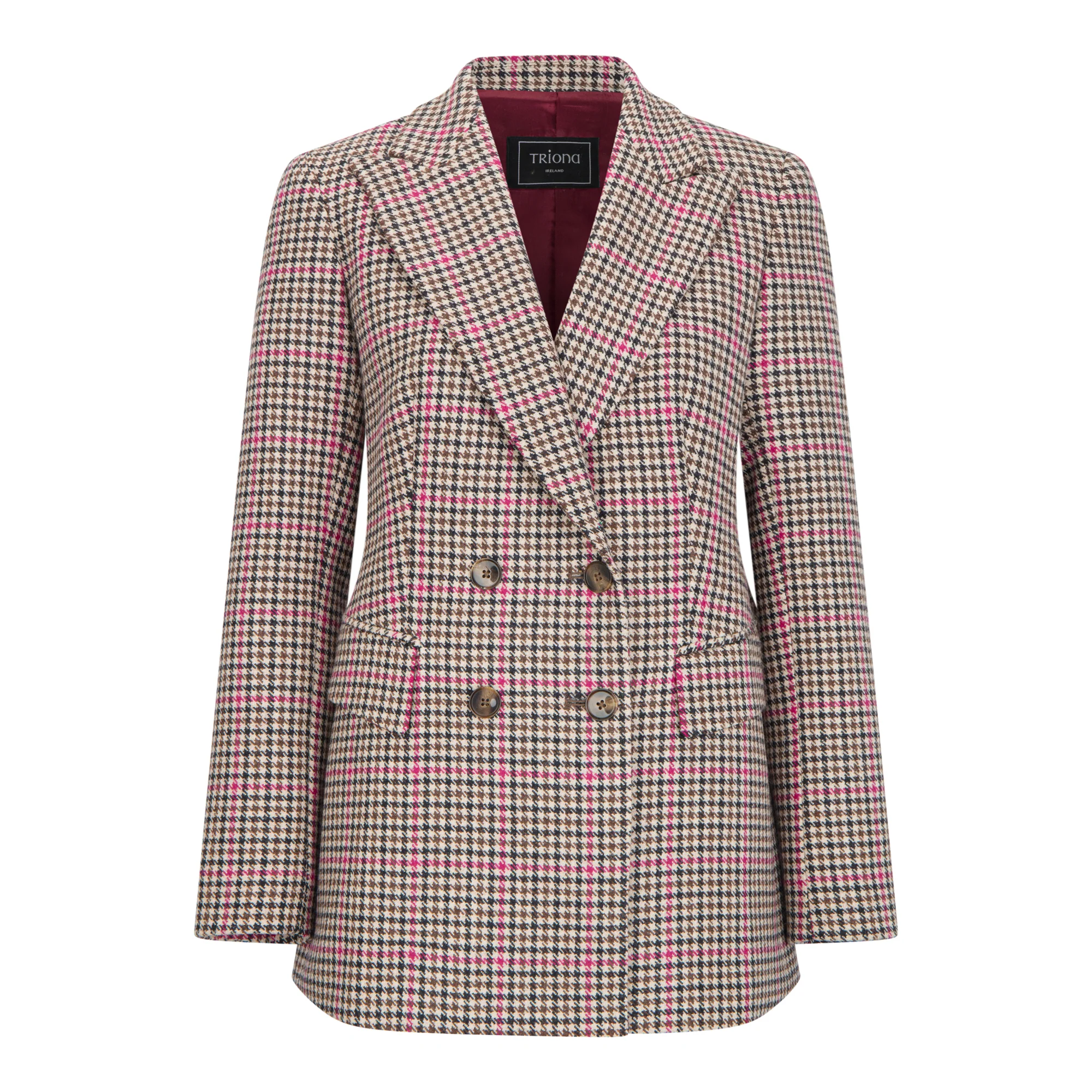 Camel & Pink Houndstooth Clodagh Double Breasted Tweed Jacket - Image 4