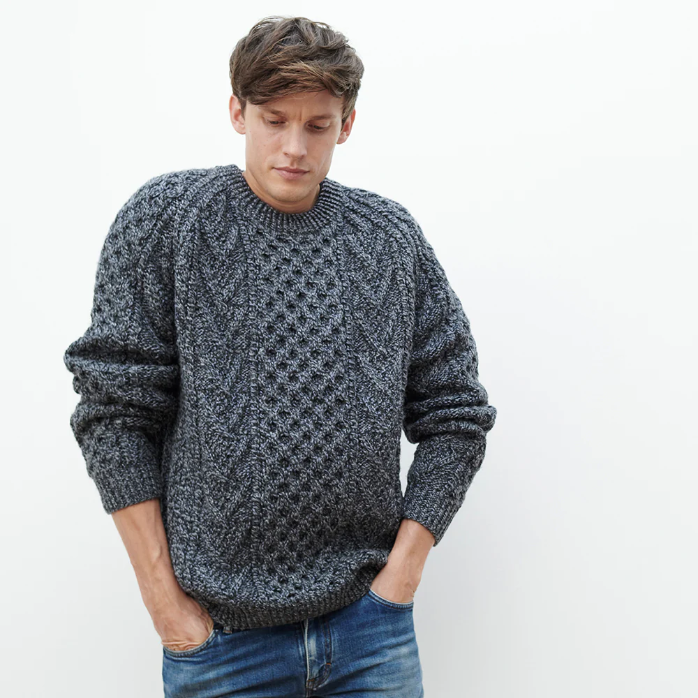 Charcoal Unisex Hand Knit Crew Neck Aran Sweater - Image 2