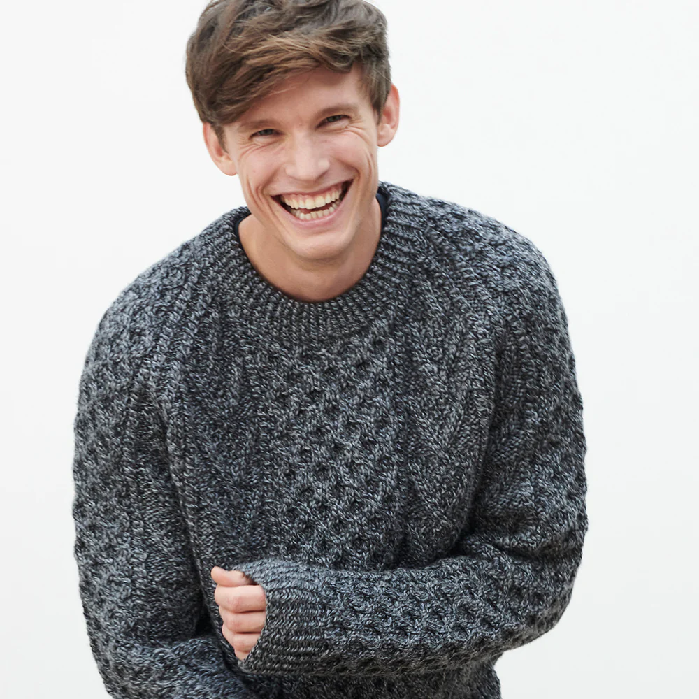 Charcoal Unisex Hand Knit Crew Neck Aran Sweater - Image 3