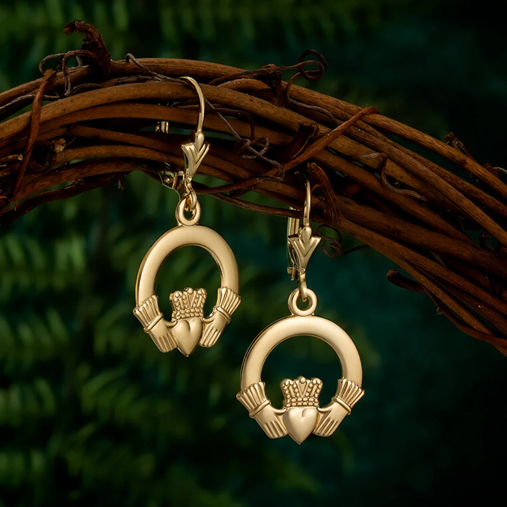 14K Claddagh Drop Earrings, Yellow Gold