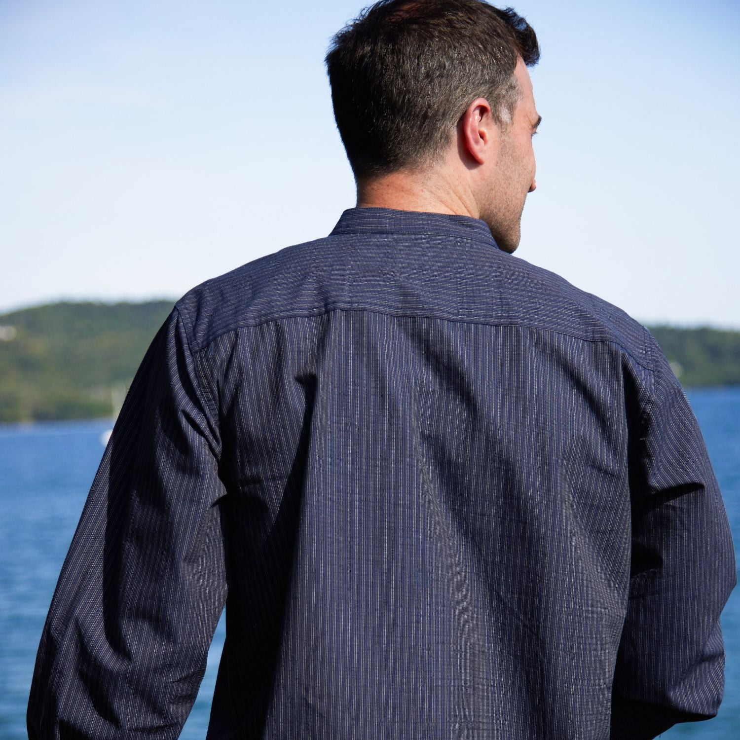Navy Stripe Cotton Grandfather Shirt - Image 4
