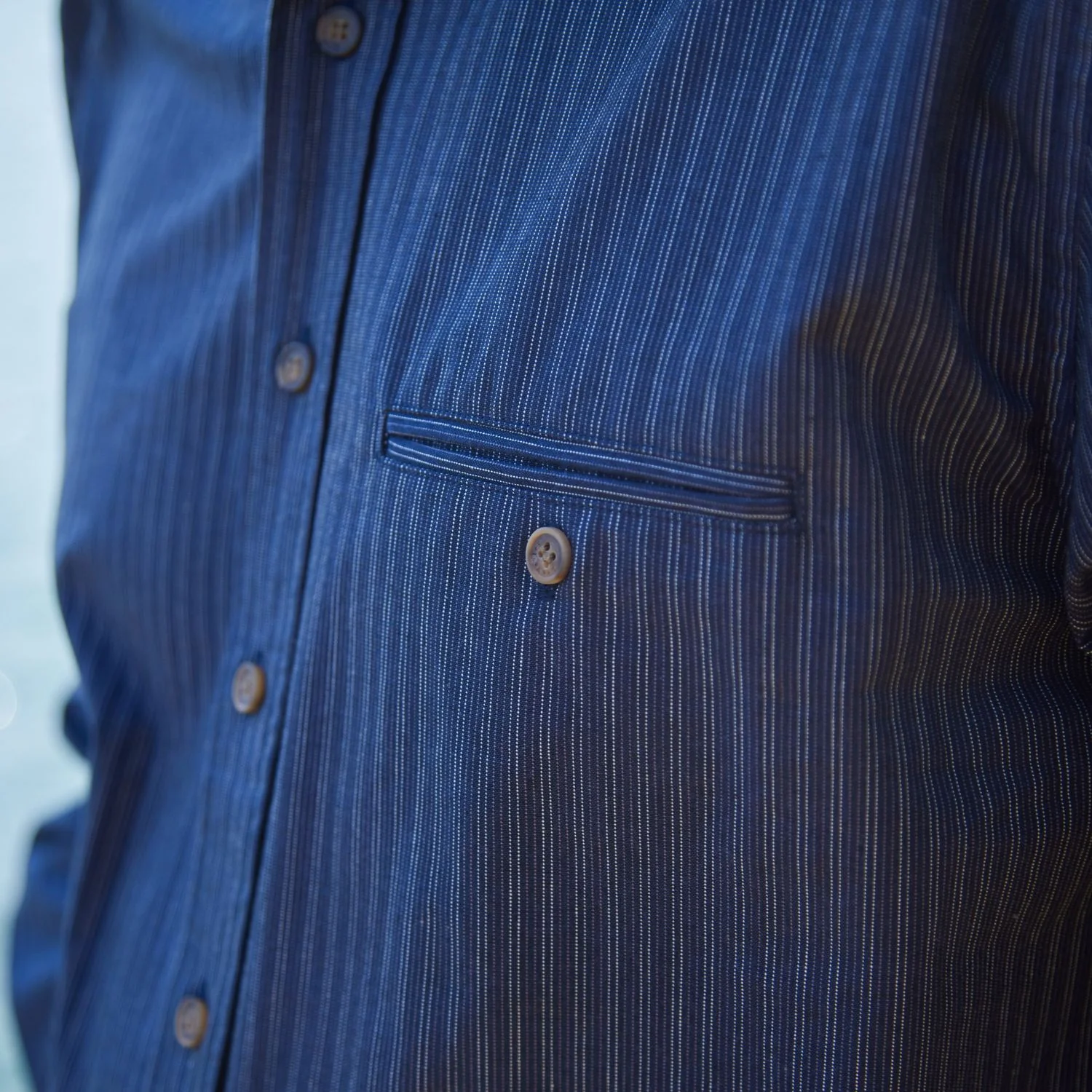 Navy Stripe Cotton Grandfather Shirt - Image 5