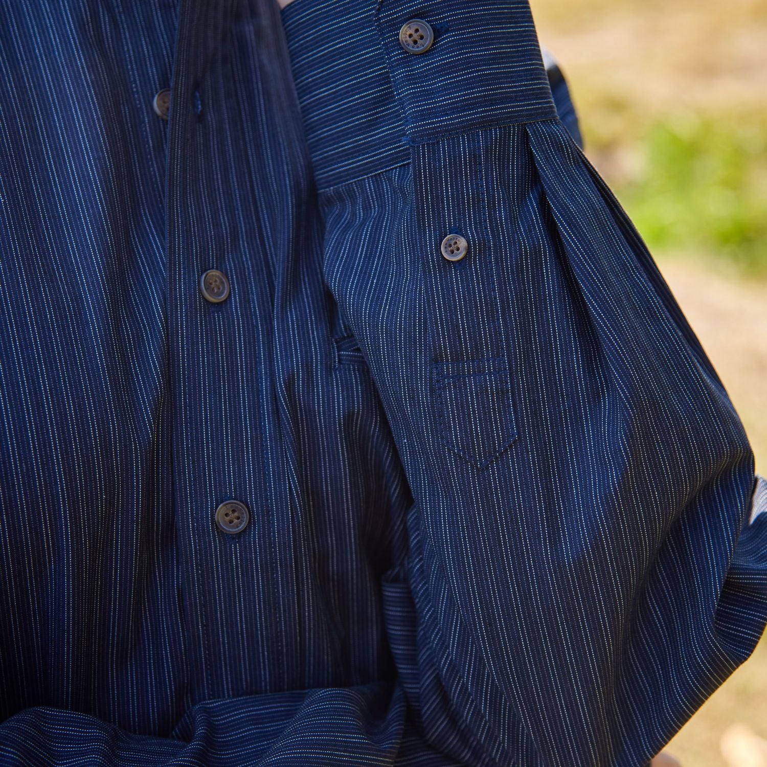 Navy Stripe Cotton Grandfather Shirt - Image 6