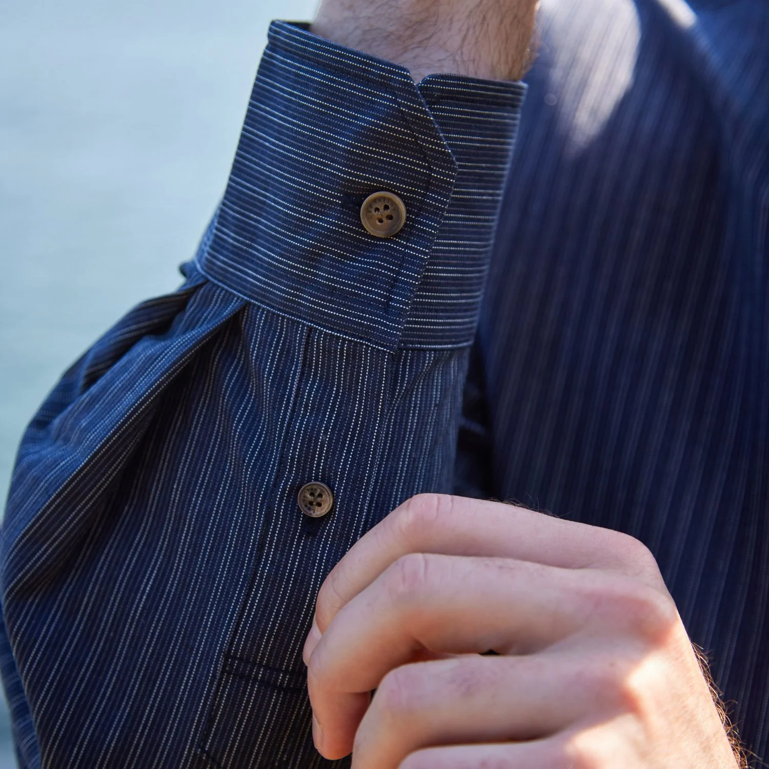 Navy Stripe Cotton Grandfather Shirt - Image 7
