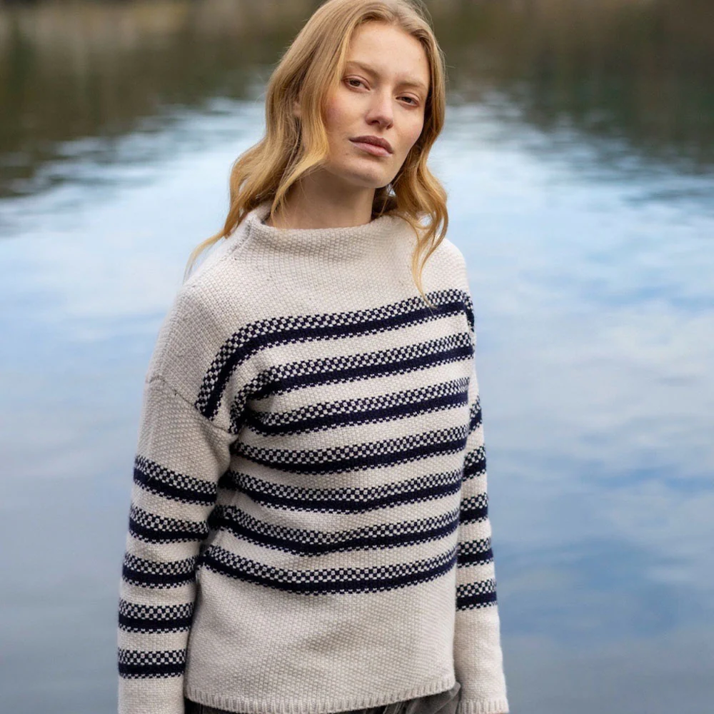 Cream and Navy Stripe Mock Neck Sweater