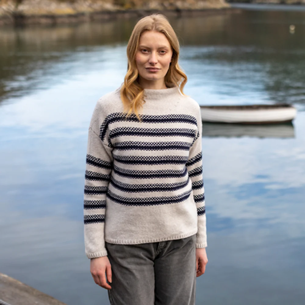 Cream and Navy Stripe Mock Neck Sweater - Image 2