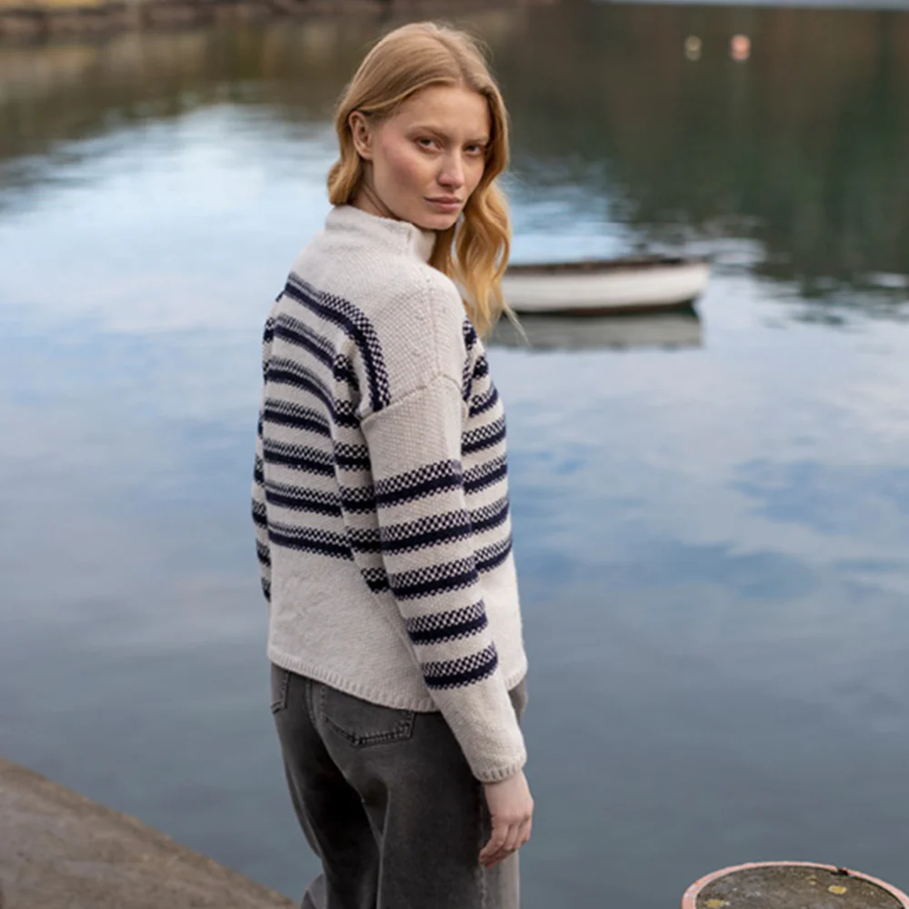 Cream and Navy Stripe Mock Neck Sweater - Image 3