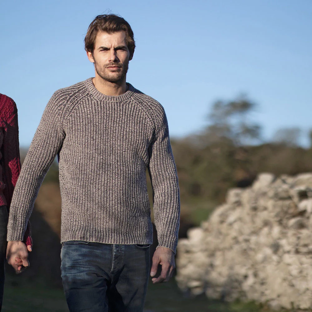 Fishermans Rib Crew Neck Sweater, Porridge and Navy