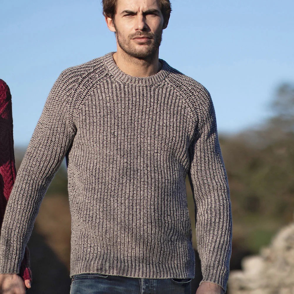 Fishermans Rib Crew Neck Sweater, Porridge and Navy - Image 2