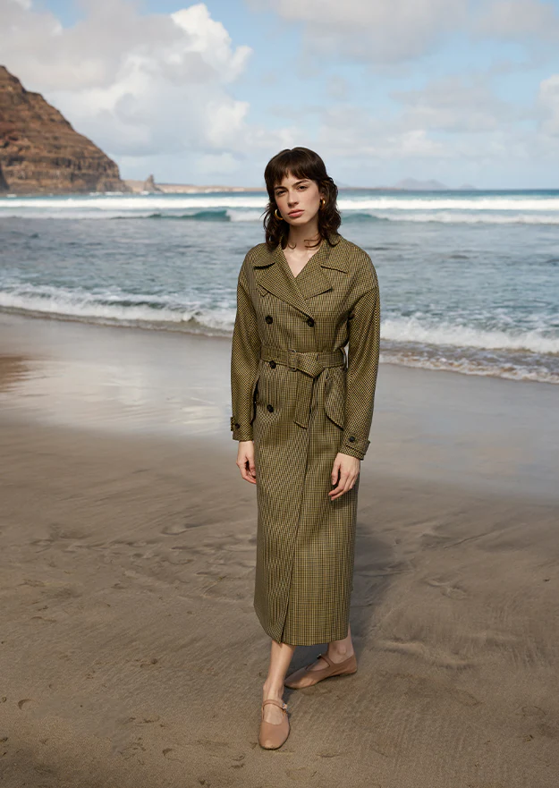 Green Houndstooth Kate Double Breasted Mac Coat