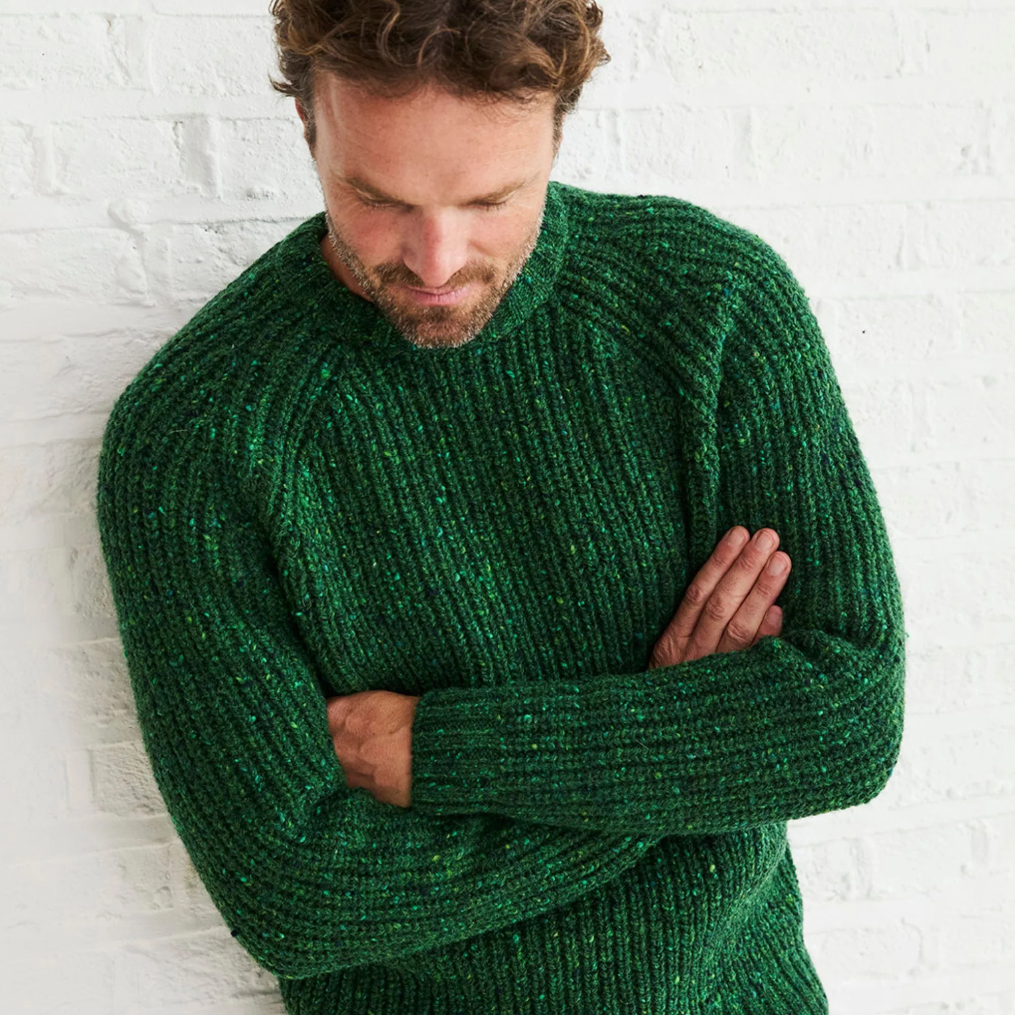 Green Nepped Crew Neck Wool Sweater