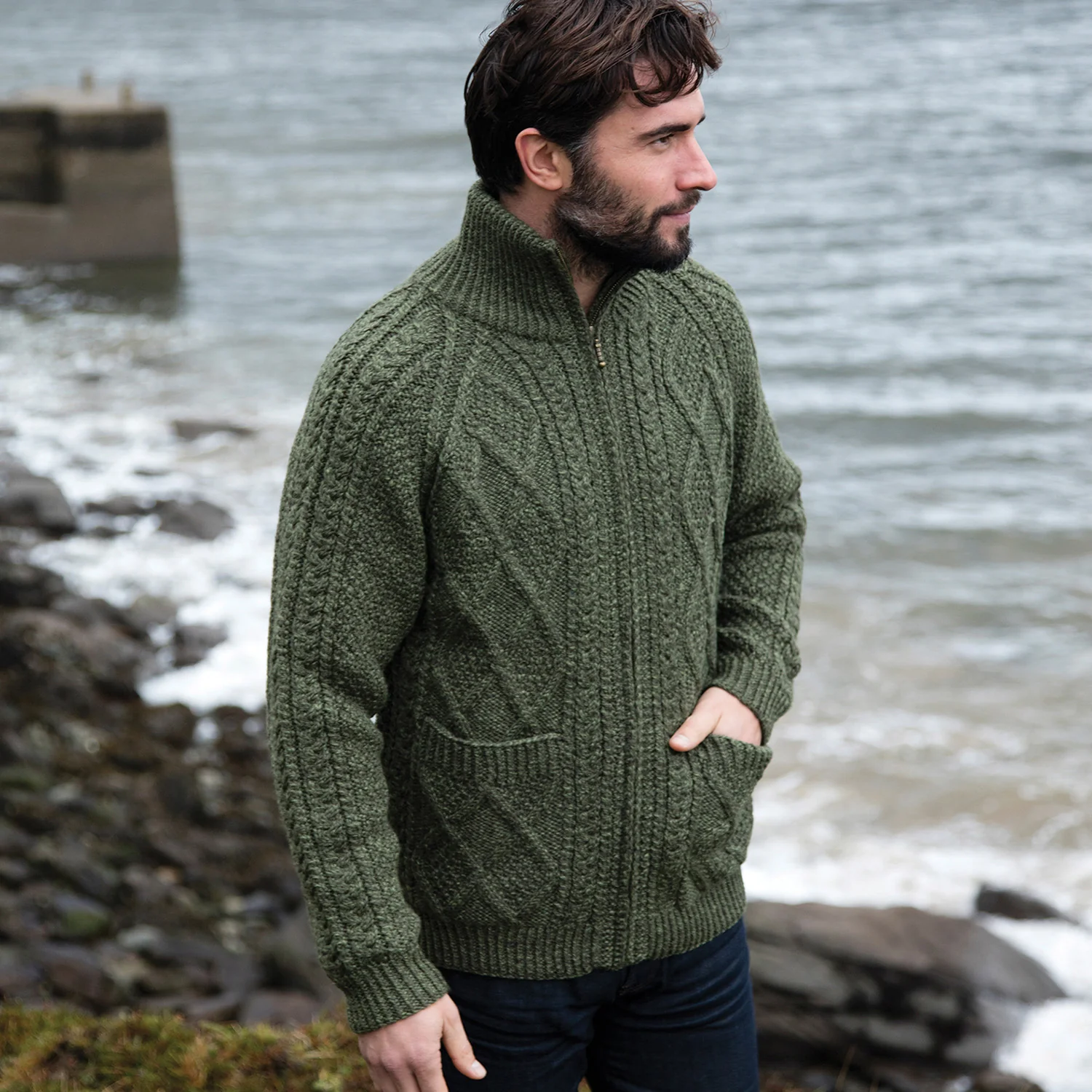 Green Unisex Hand Knit Aran Cardigan - Image 3